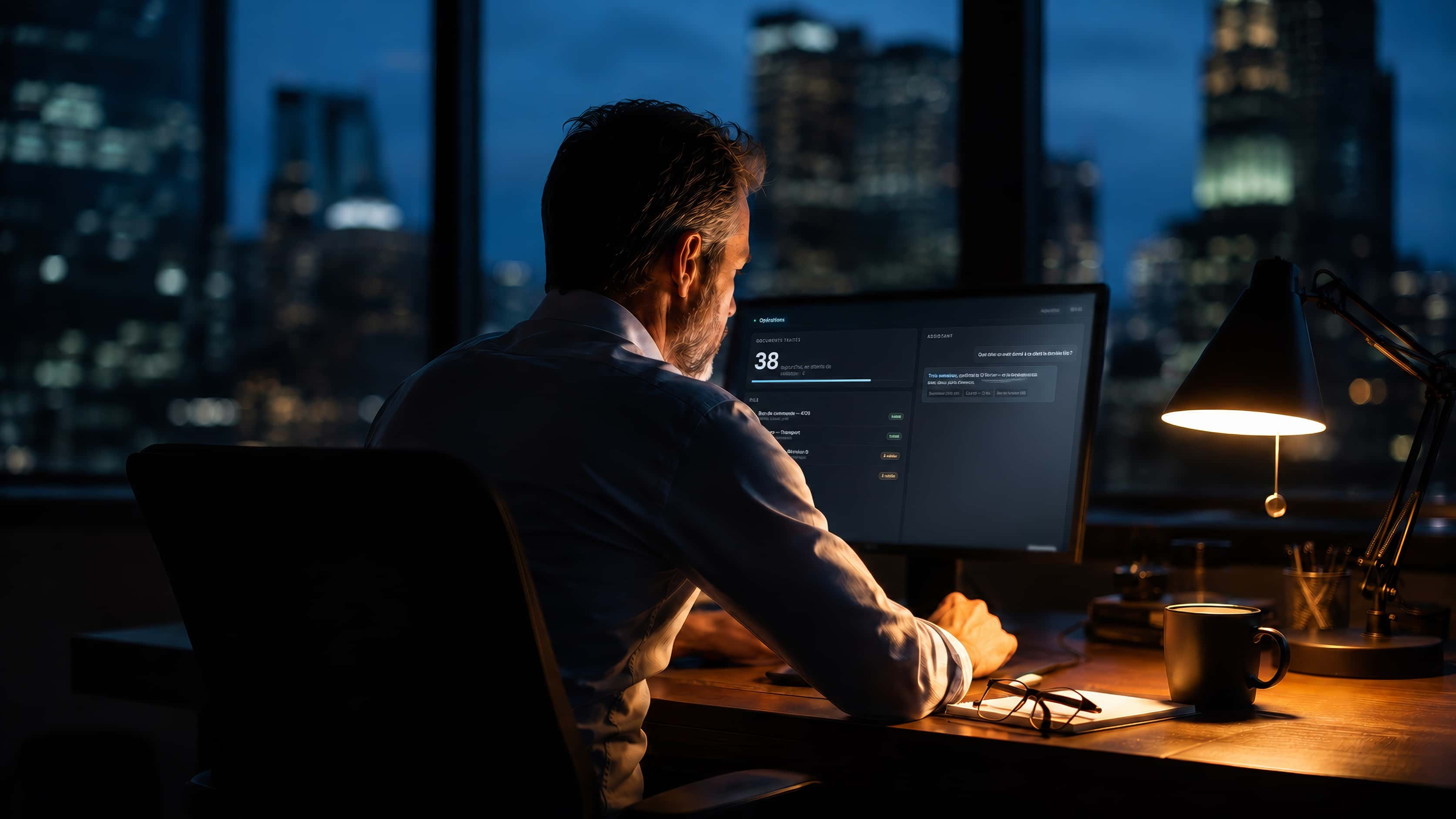 An office at the end of the day: one person working, lit by a warm desk lamp and the cool glow of a screen.