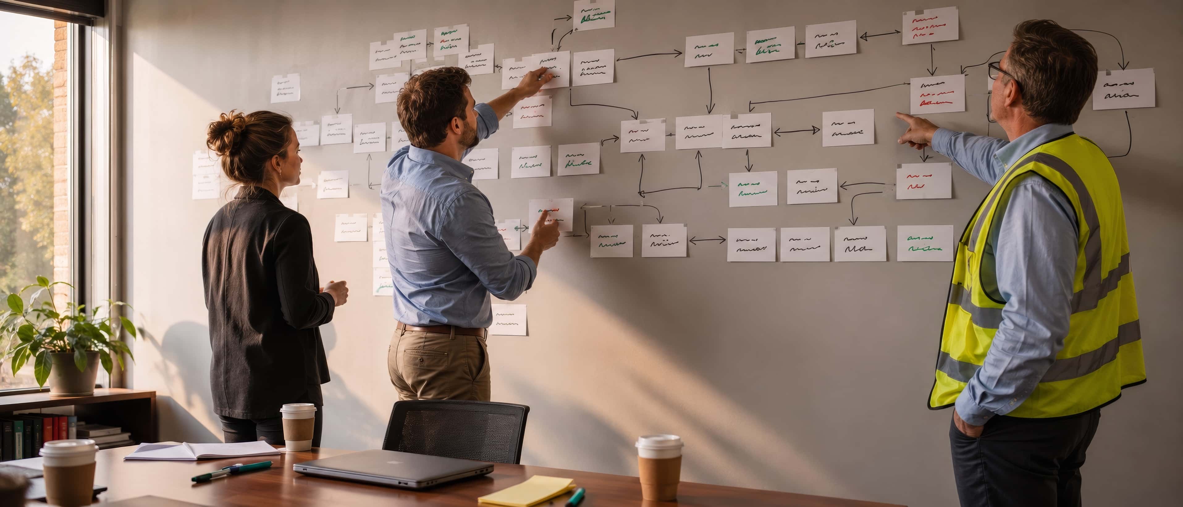 Two people at an office wall covered in index cards and marker-drawn arrows, mid process-mapping.
