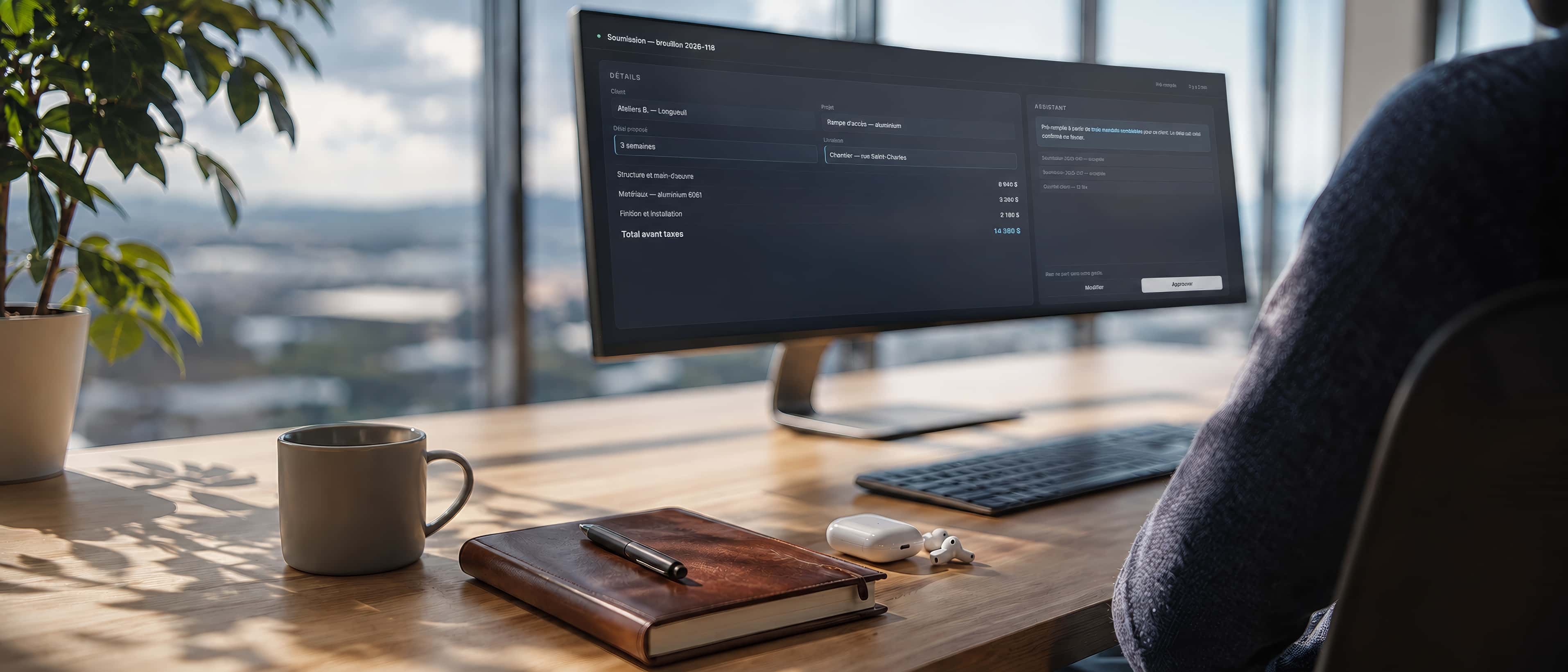 A contemporary workstation by a glass wall: an ultrawide screen showing a pre-filled quote and its assistant panel, low-profile keyboard, mug and notebook in the foreground.