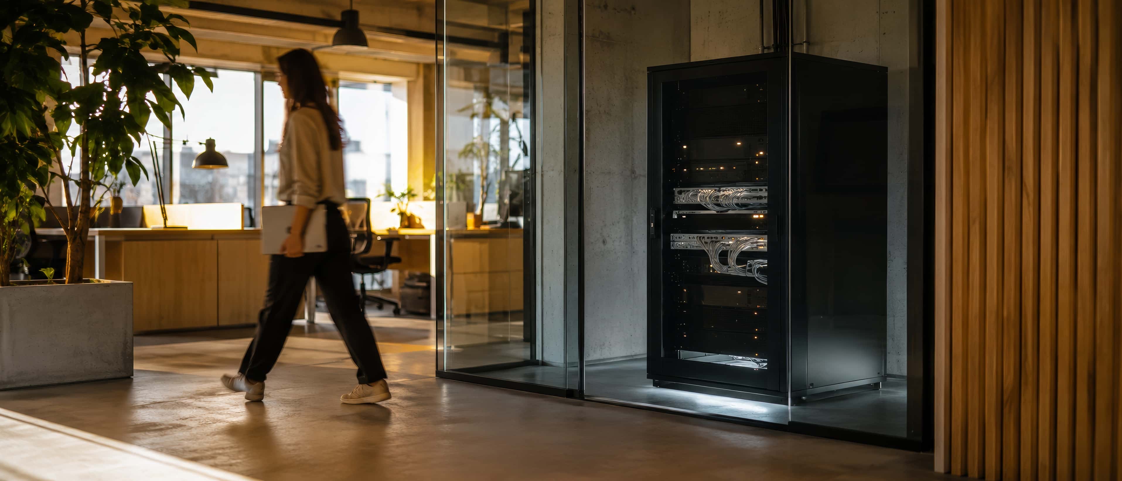 From a bright office, a small glass-walled server closet: one black rack with tidy cabling and soft status lights, an employee walking past the glass with a laptop.