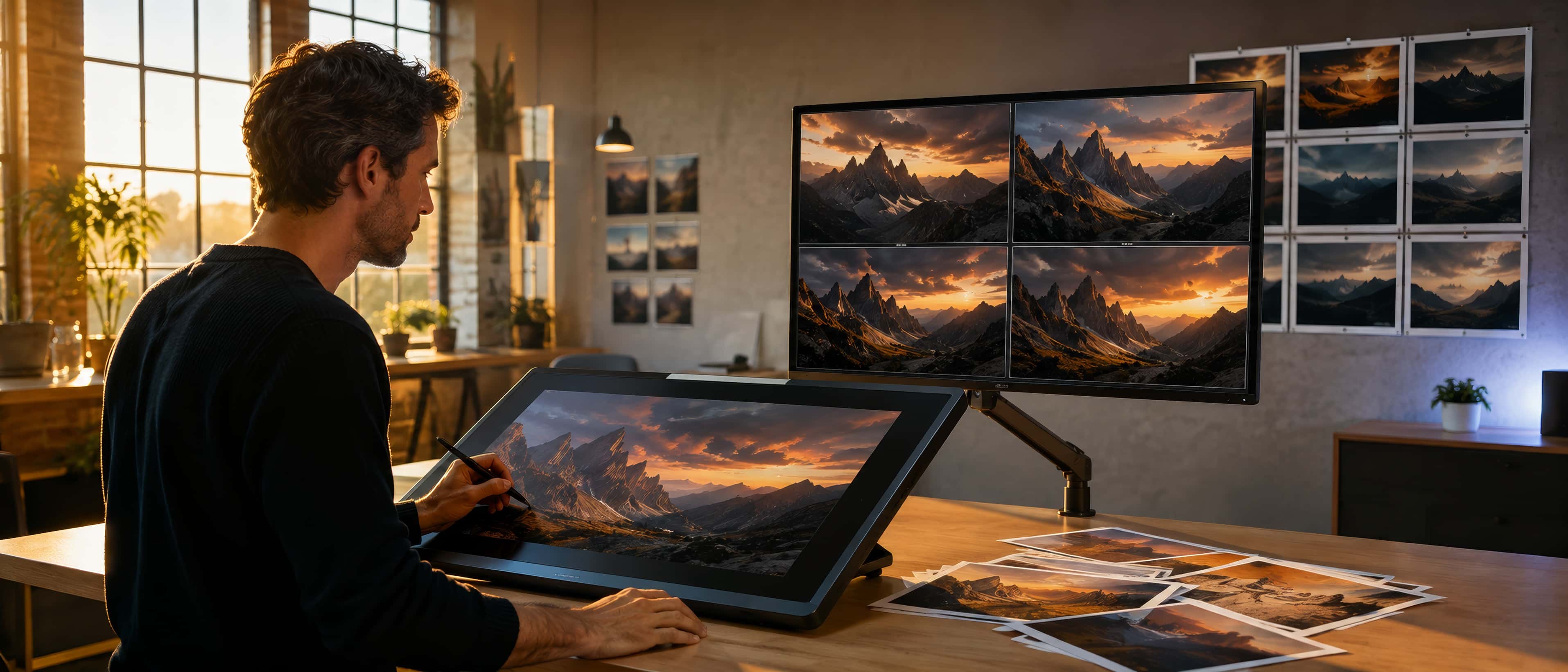 A bright creative studio: on the wall, a large display shows four variations of the same artwork in a grid; the designer retouches one of them on his pen display.