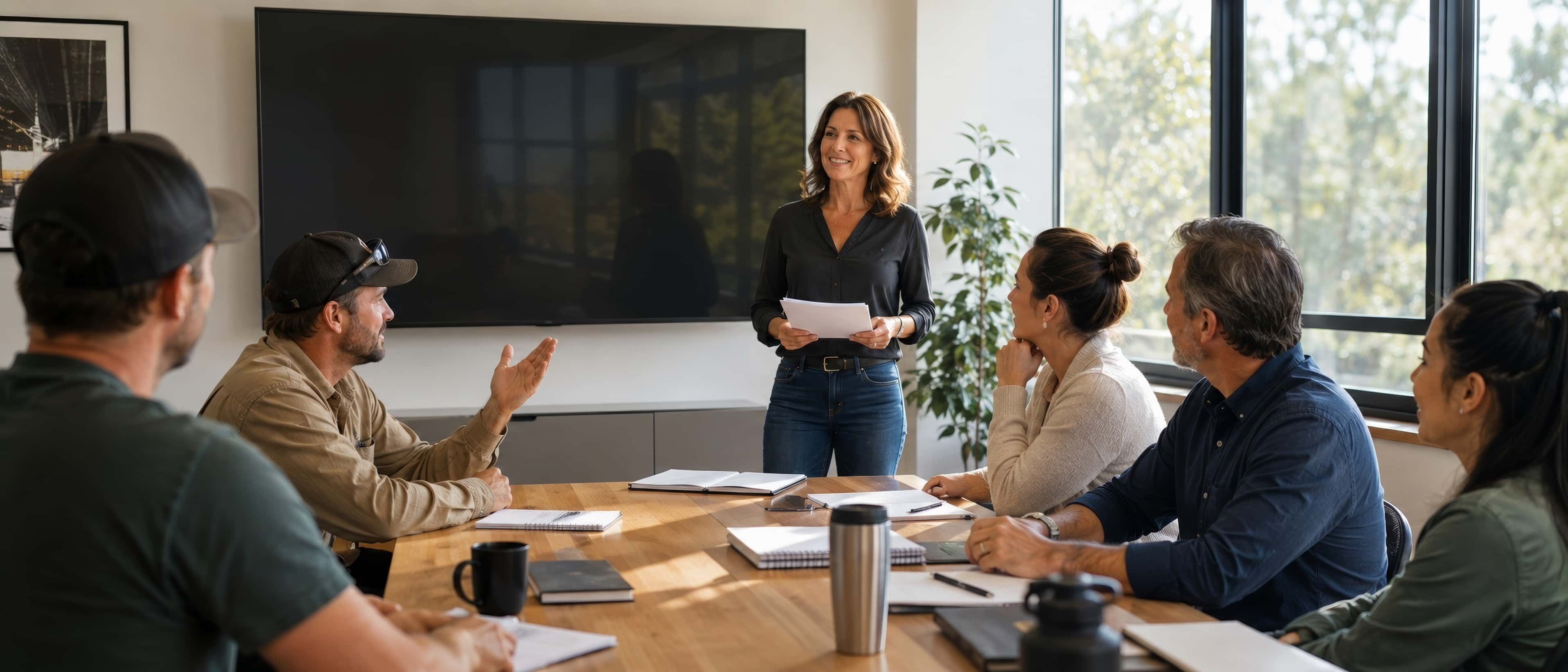 A small in-company training room: a few attentive employees, a trainer standing, a large dark screen in the background.