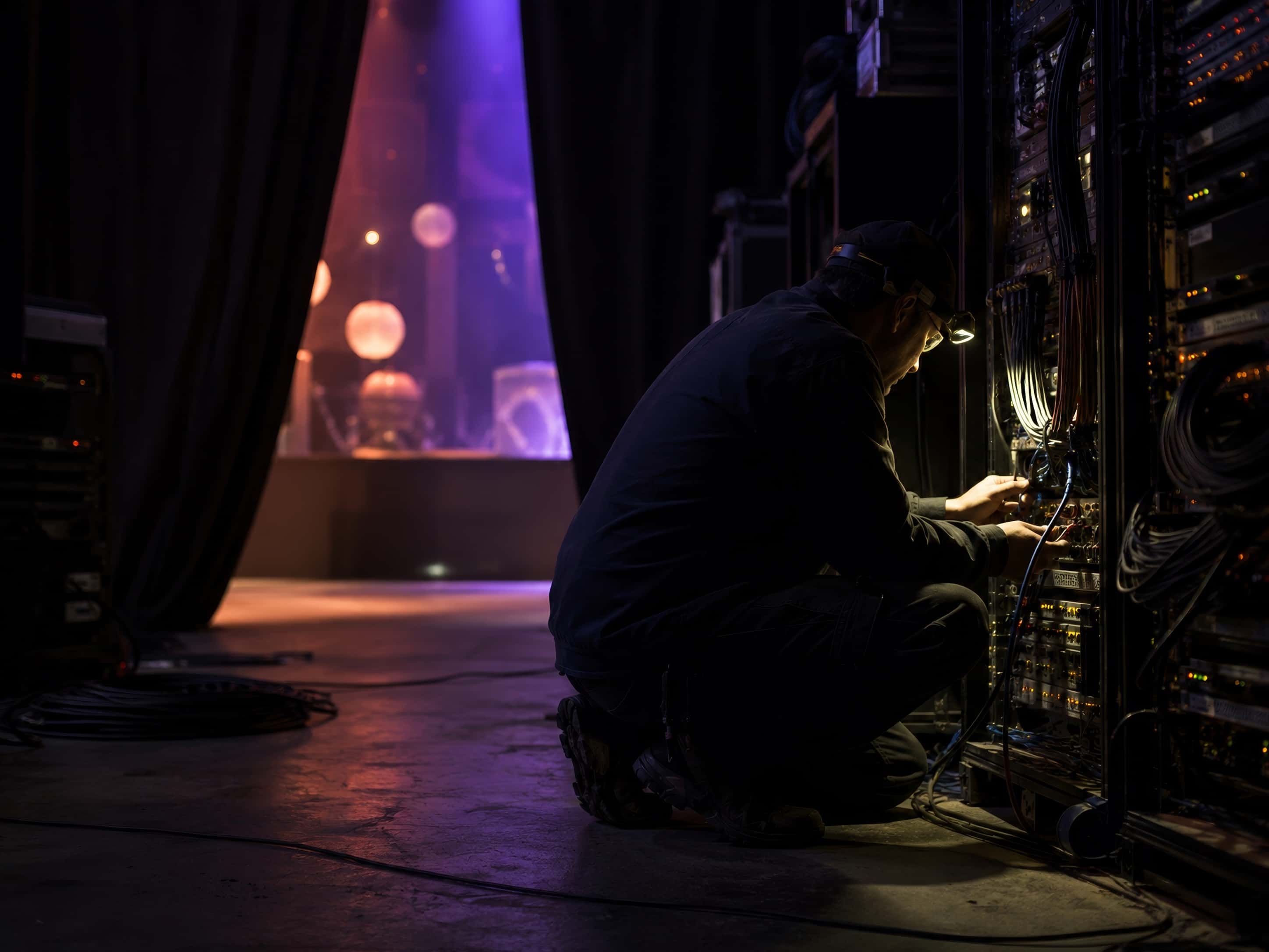 Backstage at an interactive installation: an open equipment rack, tidy cabling, a technician at work in stage light.