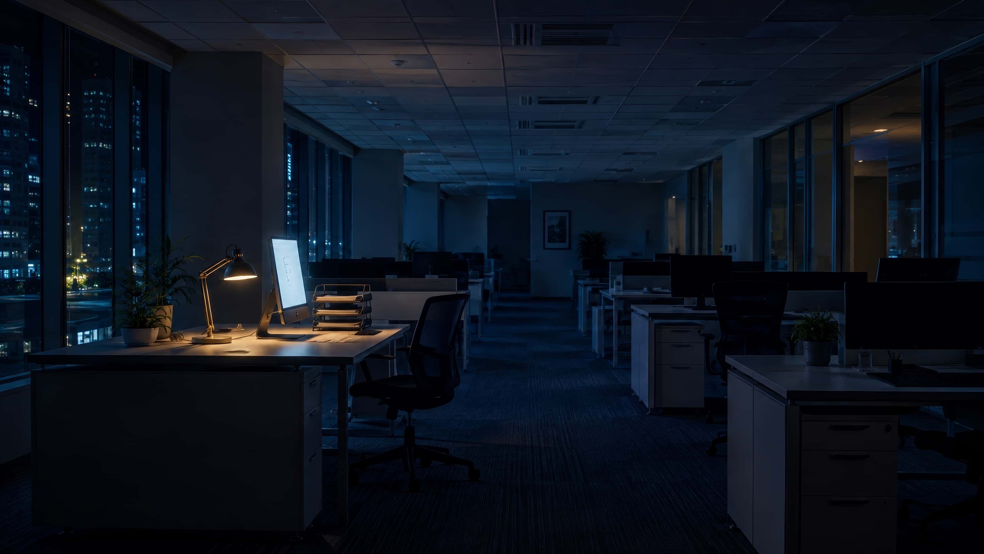 An empty office at night, tidy; a single lit screen keeps working in the half-dark.