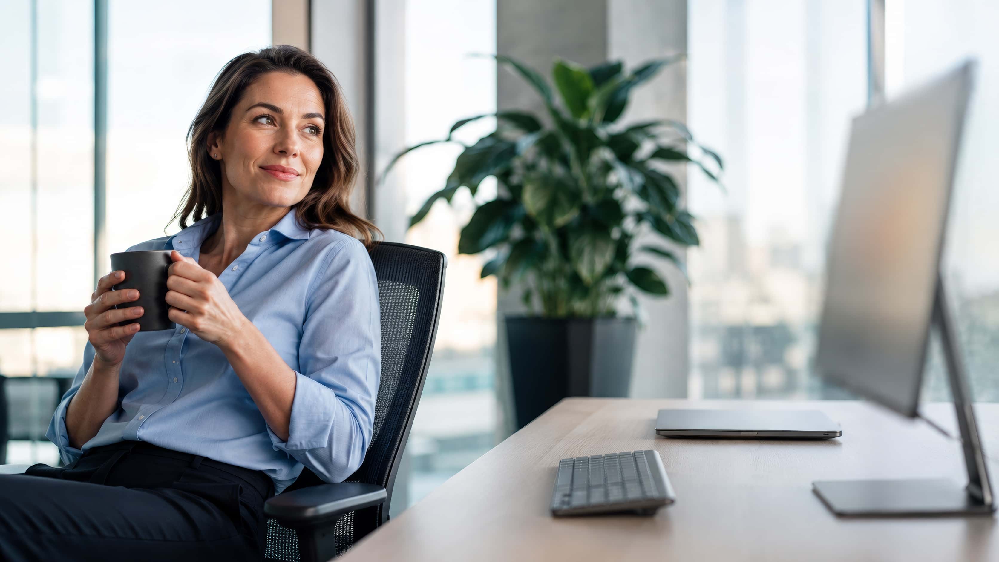 A relaxed manager at her clean minimal workstation, coffee in both hands, in a bright contemporary office; the slim screen is angled away, out of focus.