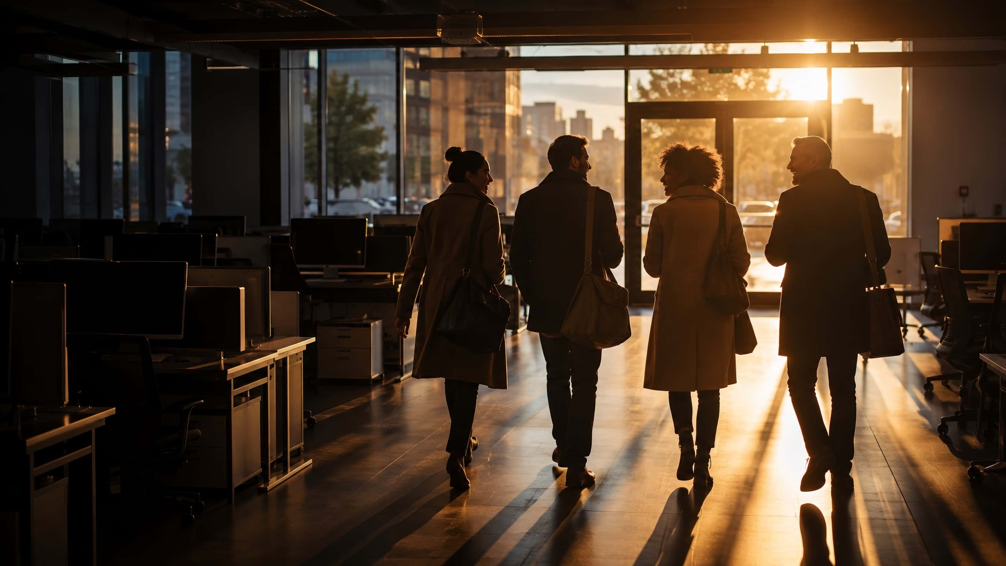 A team leaving the office at golden hour; workstations off, the day is done.