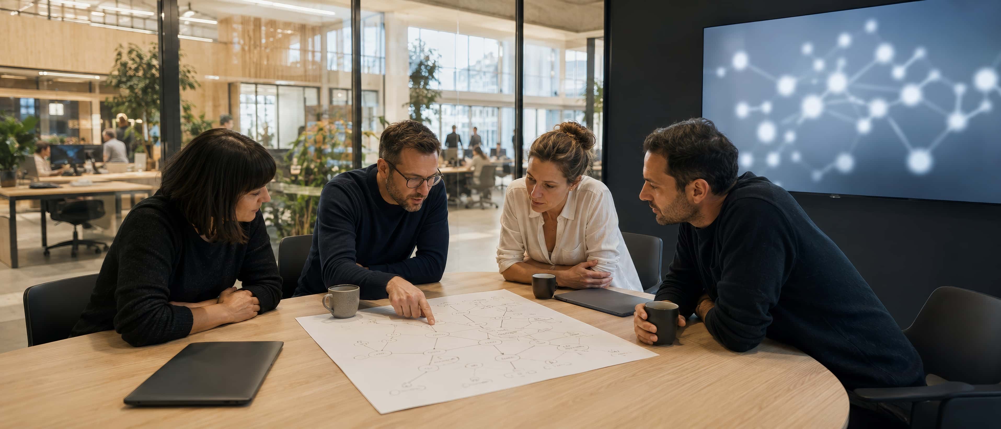 A working session in a contemporary glass-walled meeting room: four people over a large paper diagram, a wall display with a soft abstract node diagram, the live office beyond the glass.