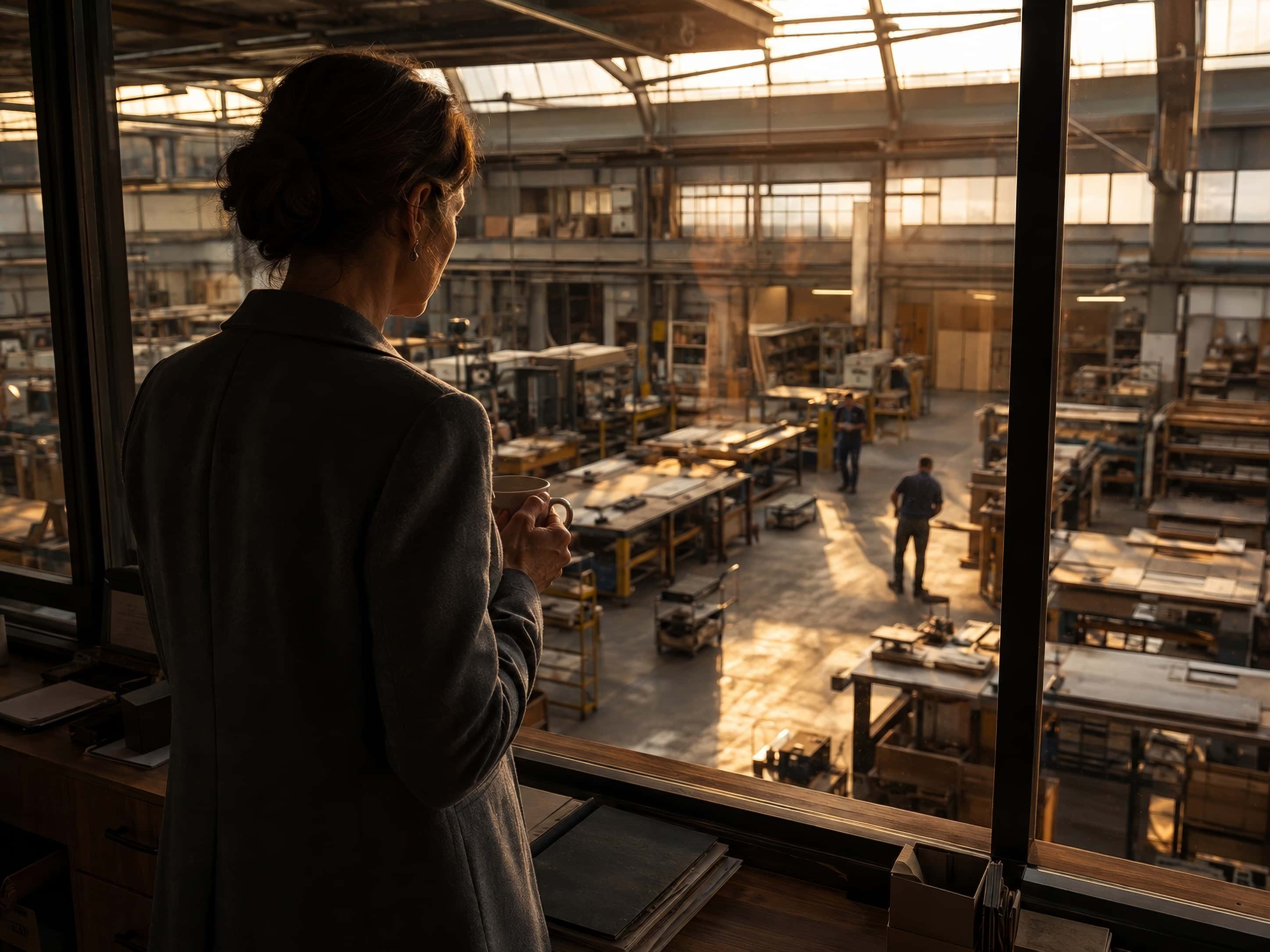 A business owner standing at her office window at the end of the day, looking down at the shop floor.