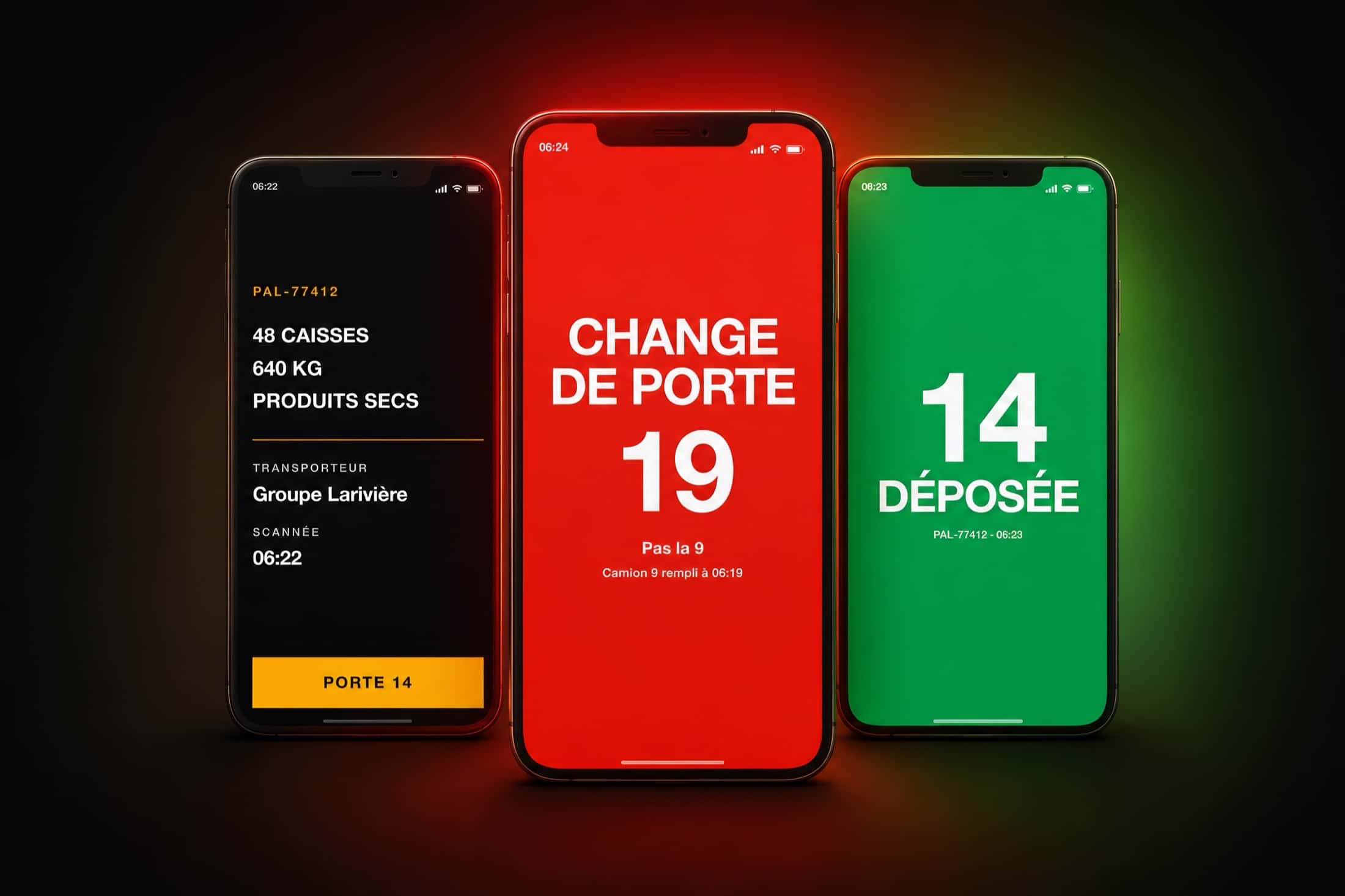 Three screens: the contents of the scanned pallet, a full-page red alert for a dock change, and the green confirmation of the drop.