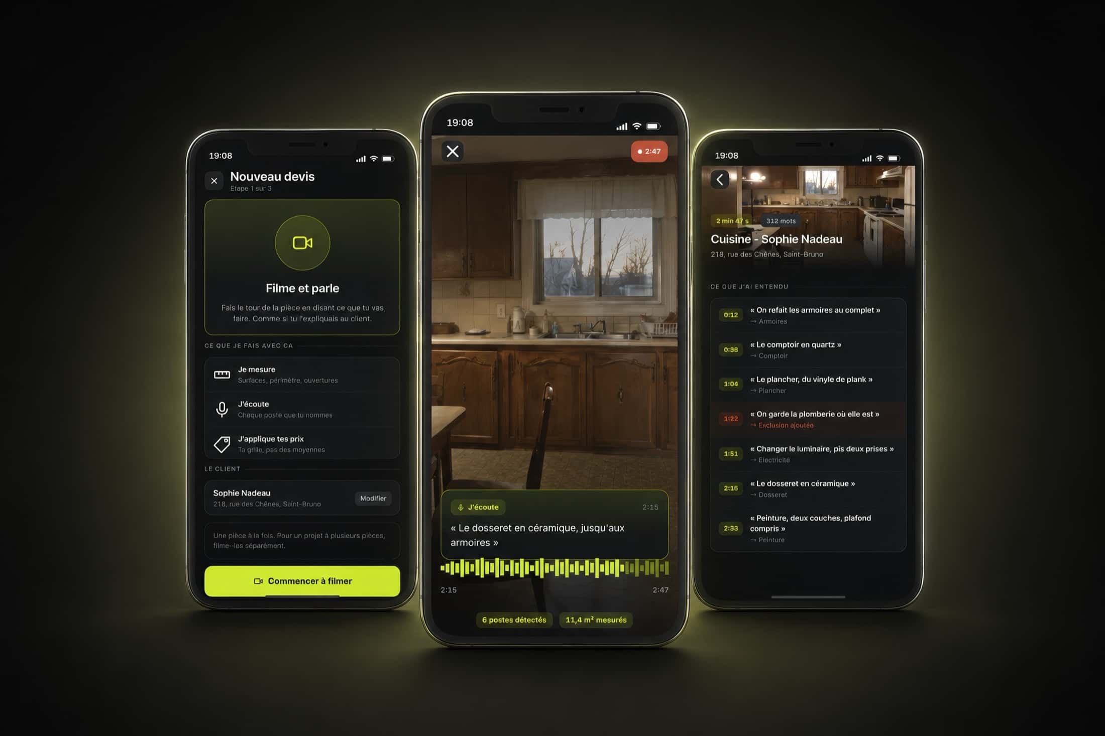 Three screens of the central gesture: the start screen telling you to film and talk, the capture running inside a kitchen with its live transcript, and the list of line items heard with their timestamps.