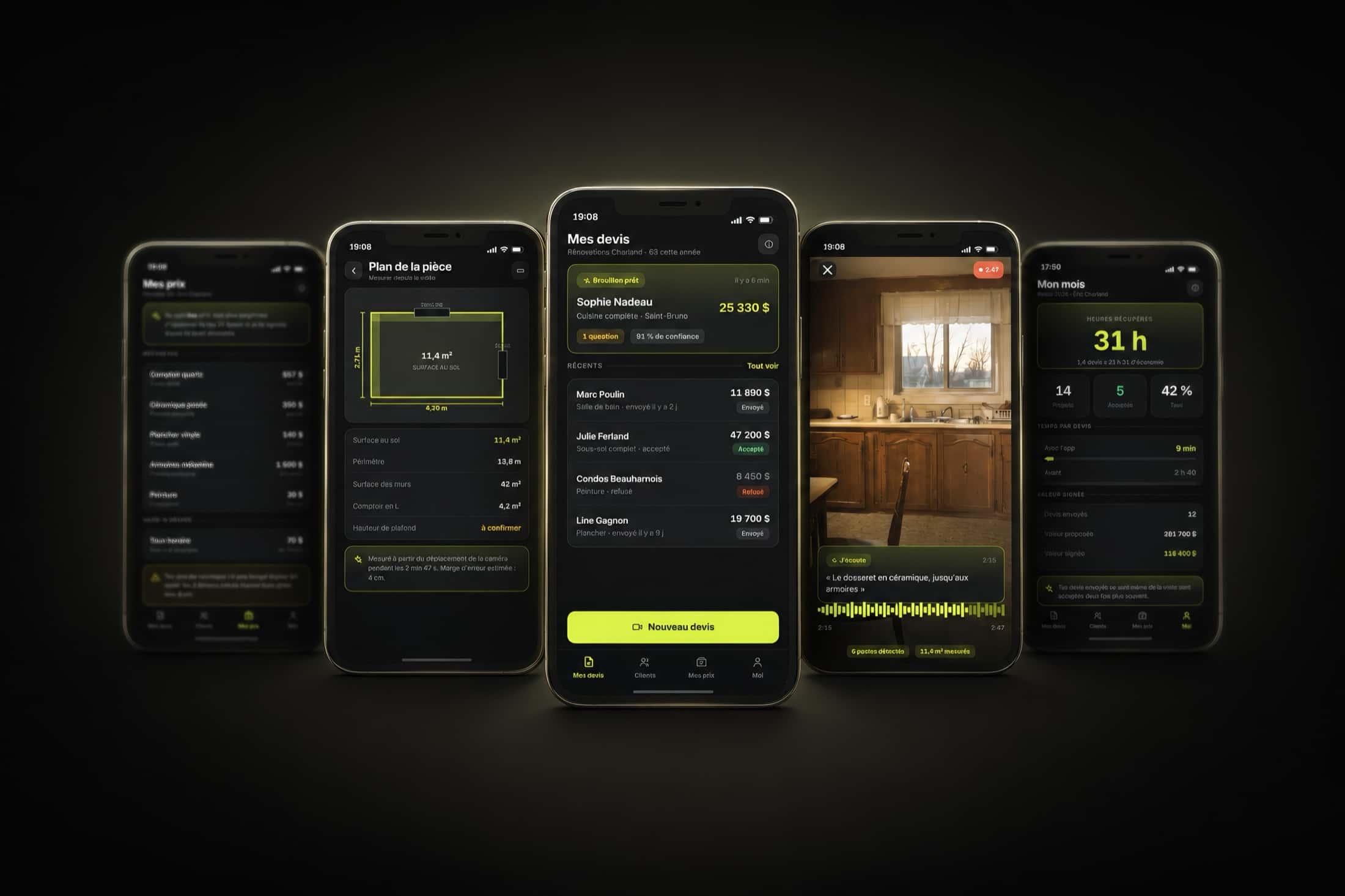 Five Devis screens in acid green on black: the price list, the measured room plan, the list of quotes, the video capture of a kitchen, and the month's summary.