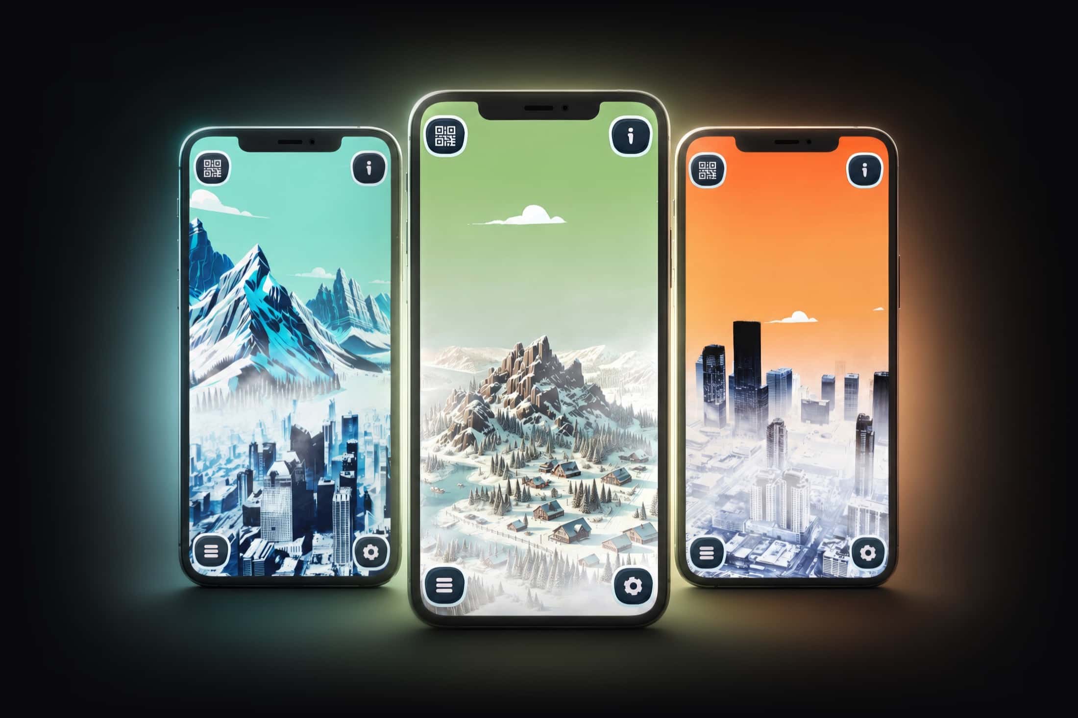 Three unlocked Alberta panoramas: a city beneath the mountains, a mountain village at dusk and a metropolis at sunset.
