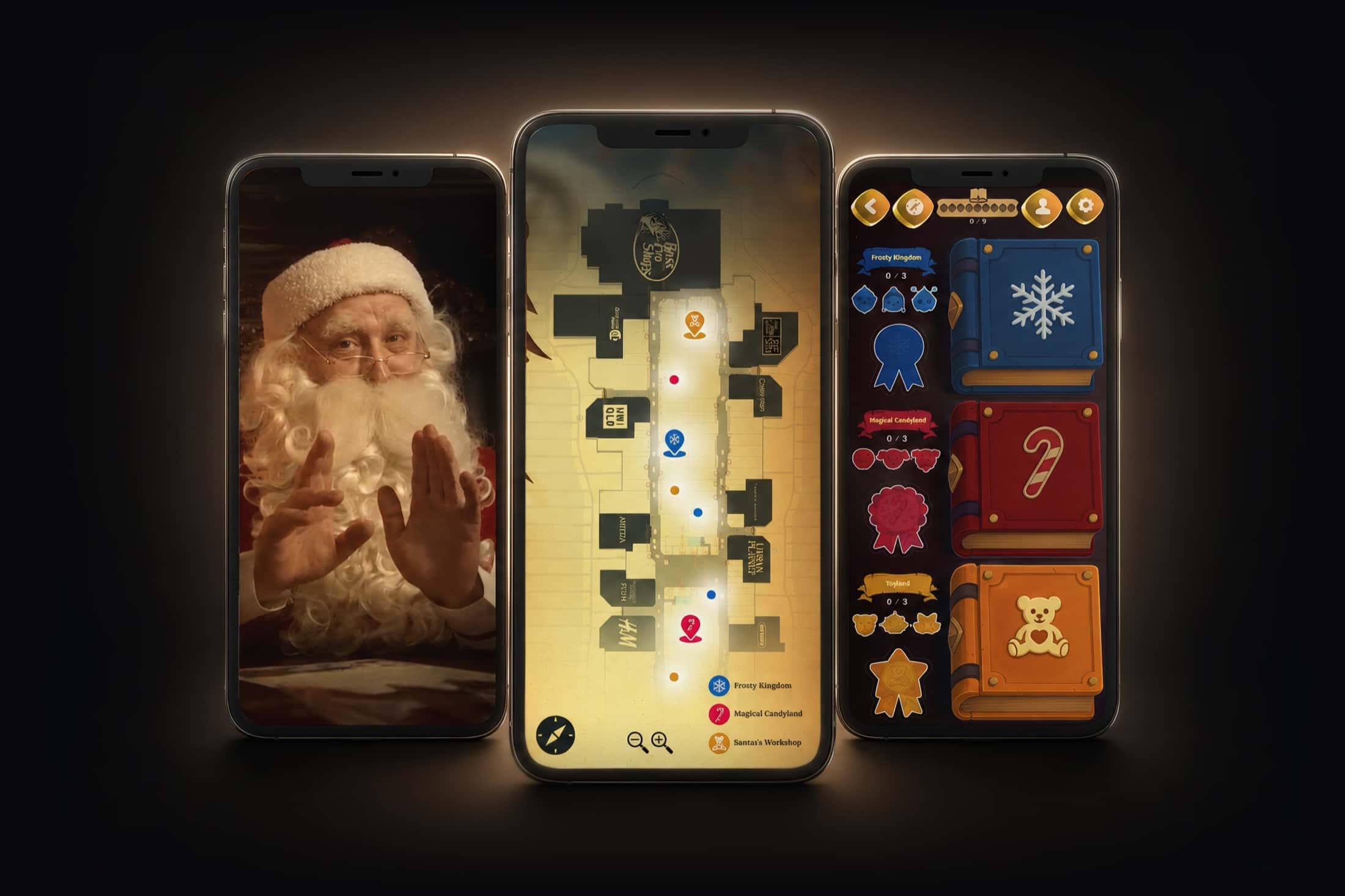 Three screens: Santa in the welcome video, the mall map with its three kingdoms, and the collection book still empty.