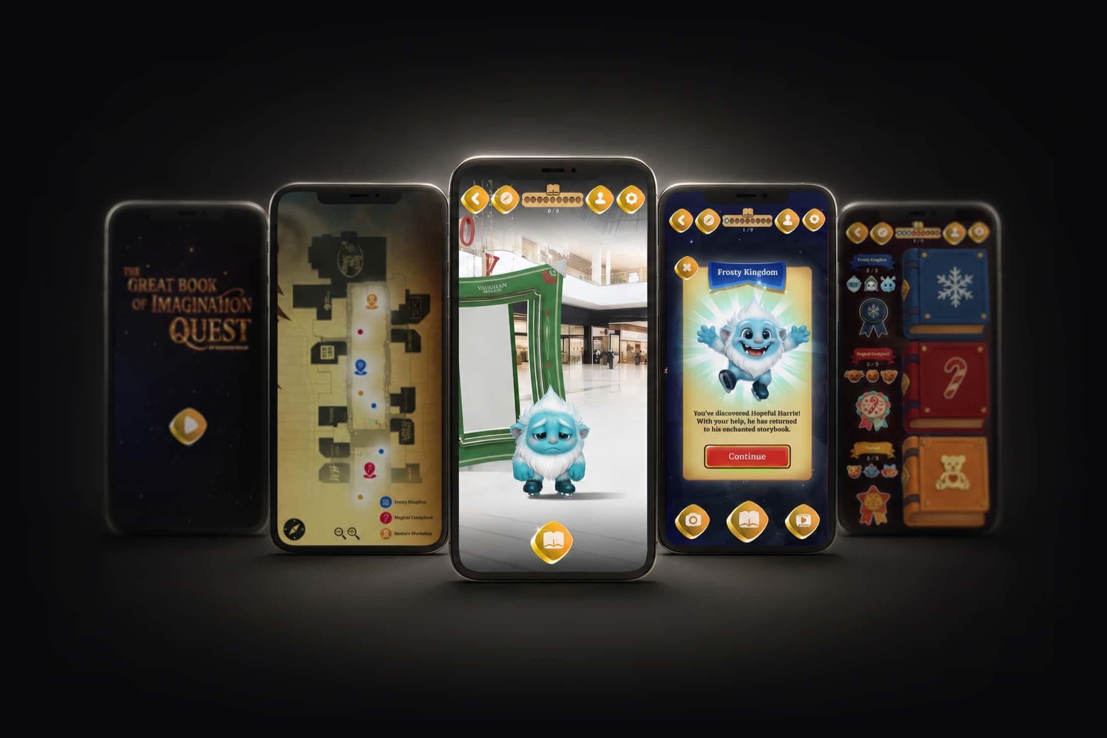Five quest screens: the golden title screen, the mall map, a yeti in augmented reality in the concourse, a character discovery card and the collection book.