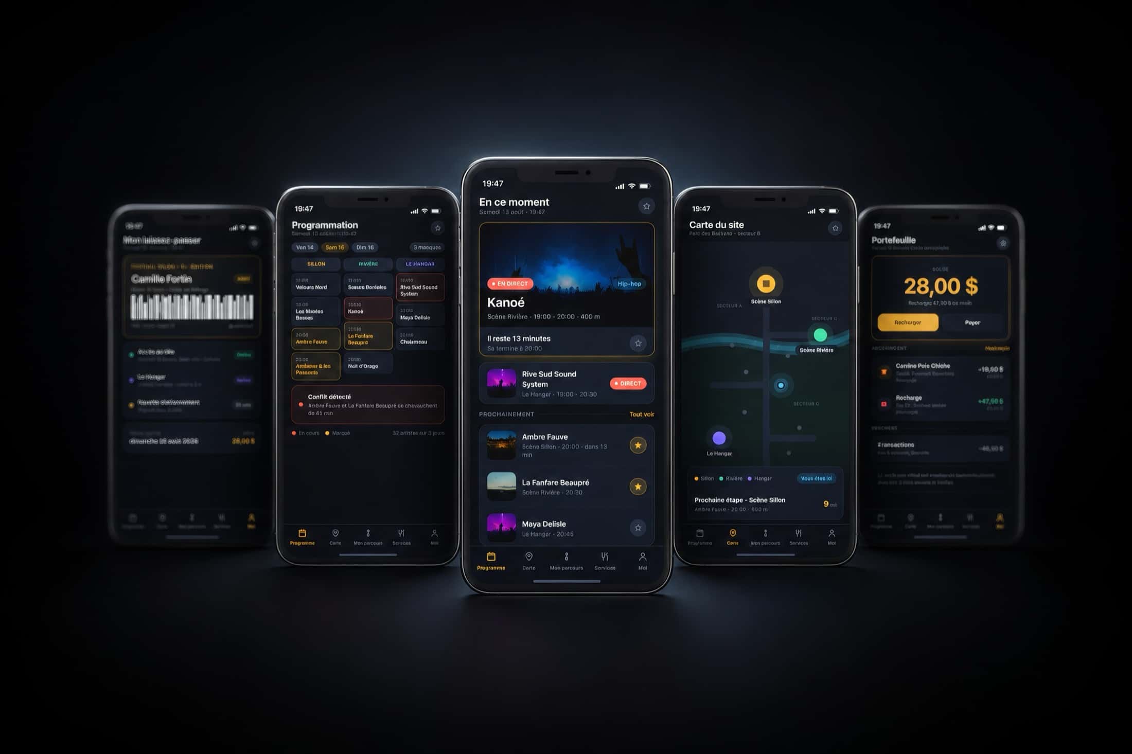Five Sillon screens in night theme: the pass with its barcode, the three-stage schedule grid, the set playing now, the site map and the prepaid wallet.
