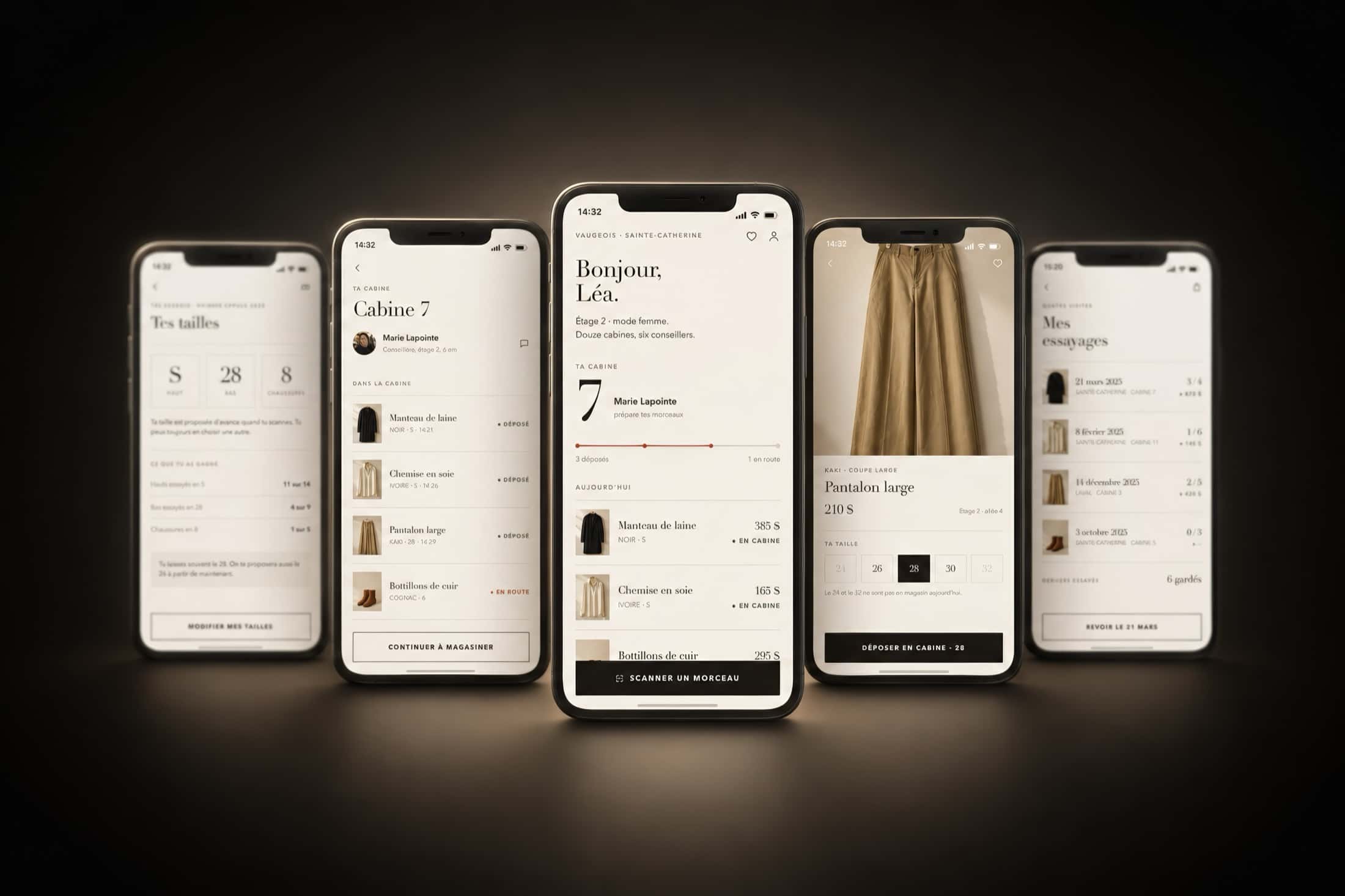 Five Cabine screens in ivory: remembered sizes, the contents of room 7, the welcome on the womenswear floor, a pair of trousers to send in, and the history of past fittings.
