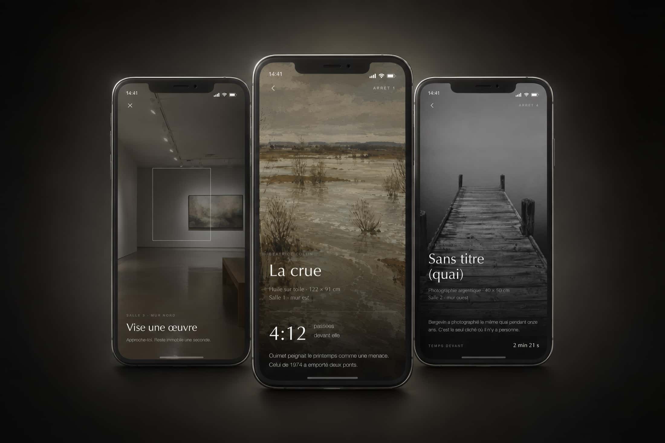 Three screens of the central gesture: the viewfinder aimed at a work on a gallery wall, the page for an oil on canvas, and a silver-gelatin photograph with its commentary.