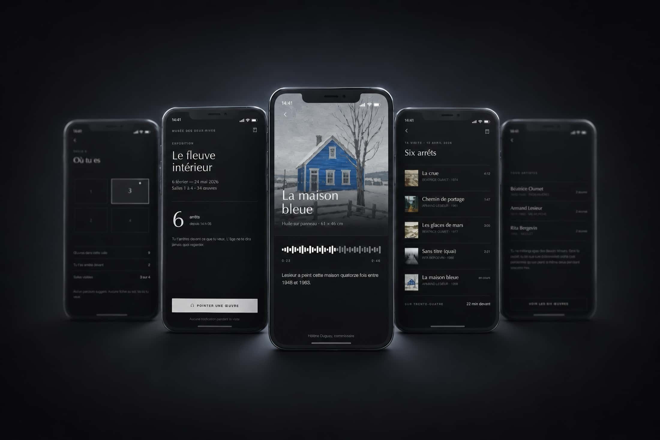 Five Trace screens in black: your position across the rooms, the exhibition page, an oil on panel with its audio capsule, the list of six stops and the artists encountered.