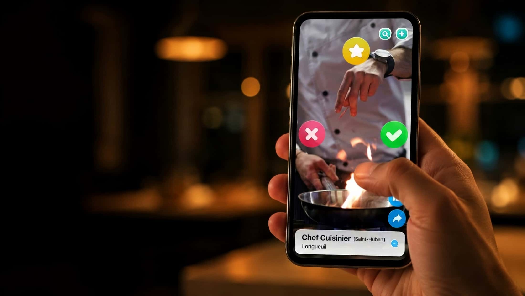 A thumb hovers over a cook's profile in a hiring app; the whole decision fits in one gesture.