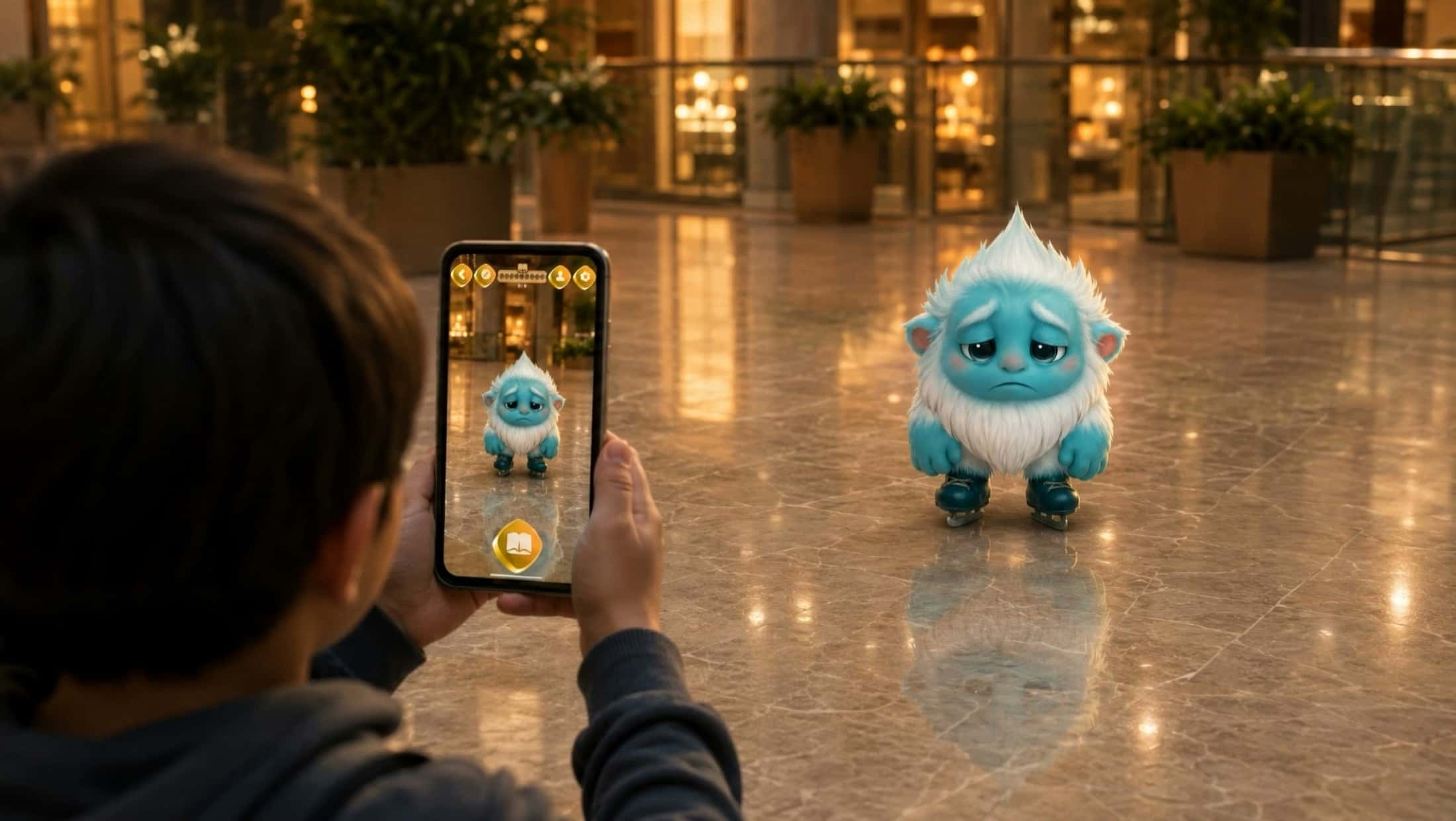 A child raises his phone in a shopping mall concourse; an augmented-reality creature stands in front of him at full size.
