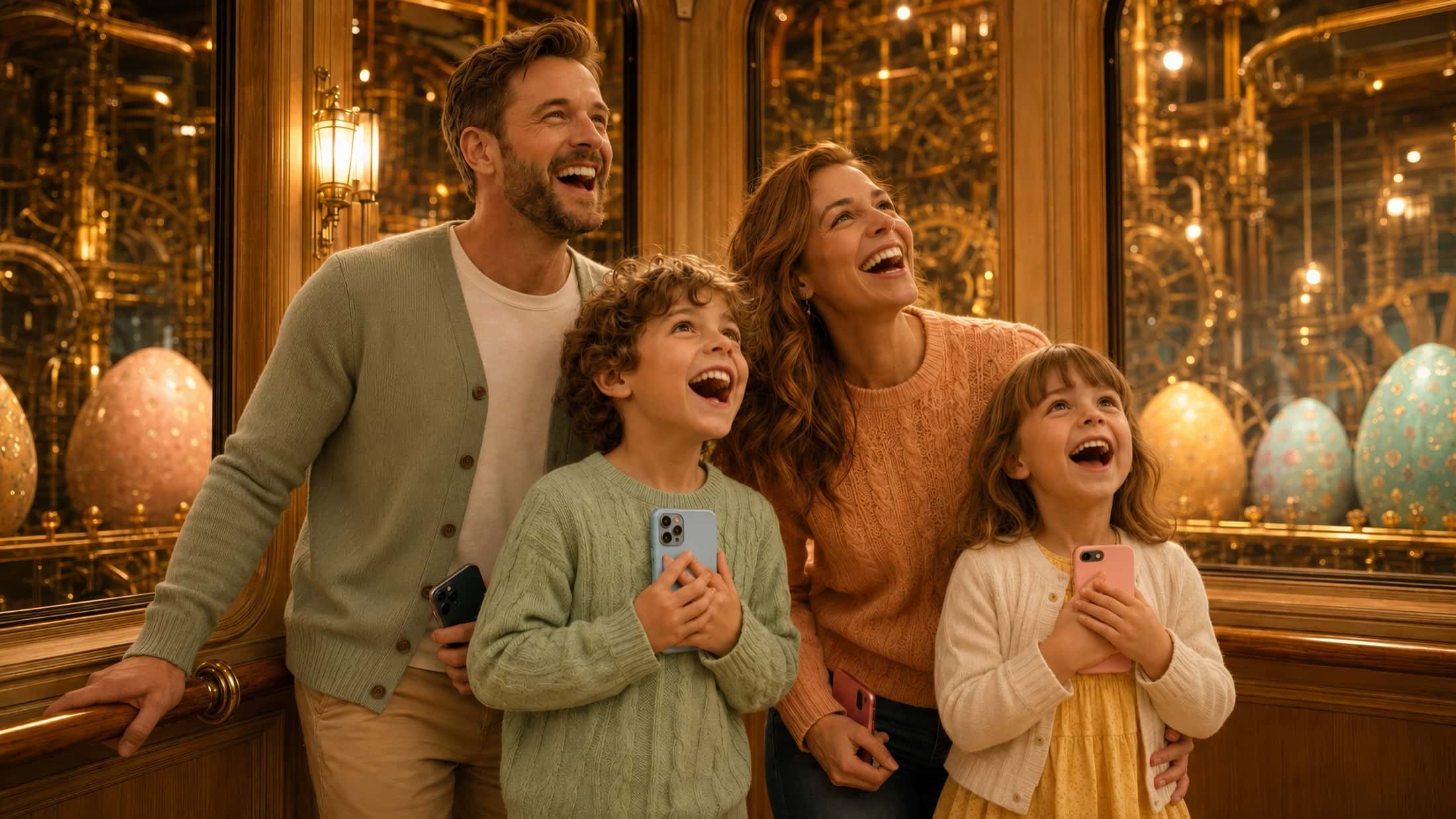 A family laughing inside the cabin, phones in hand, facing giant golden eggs.