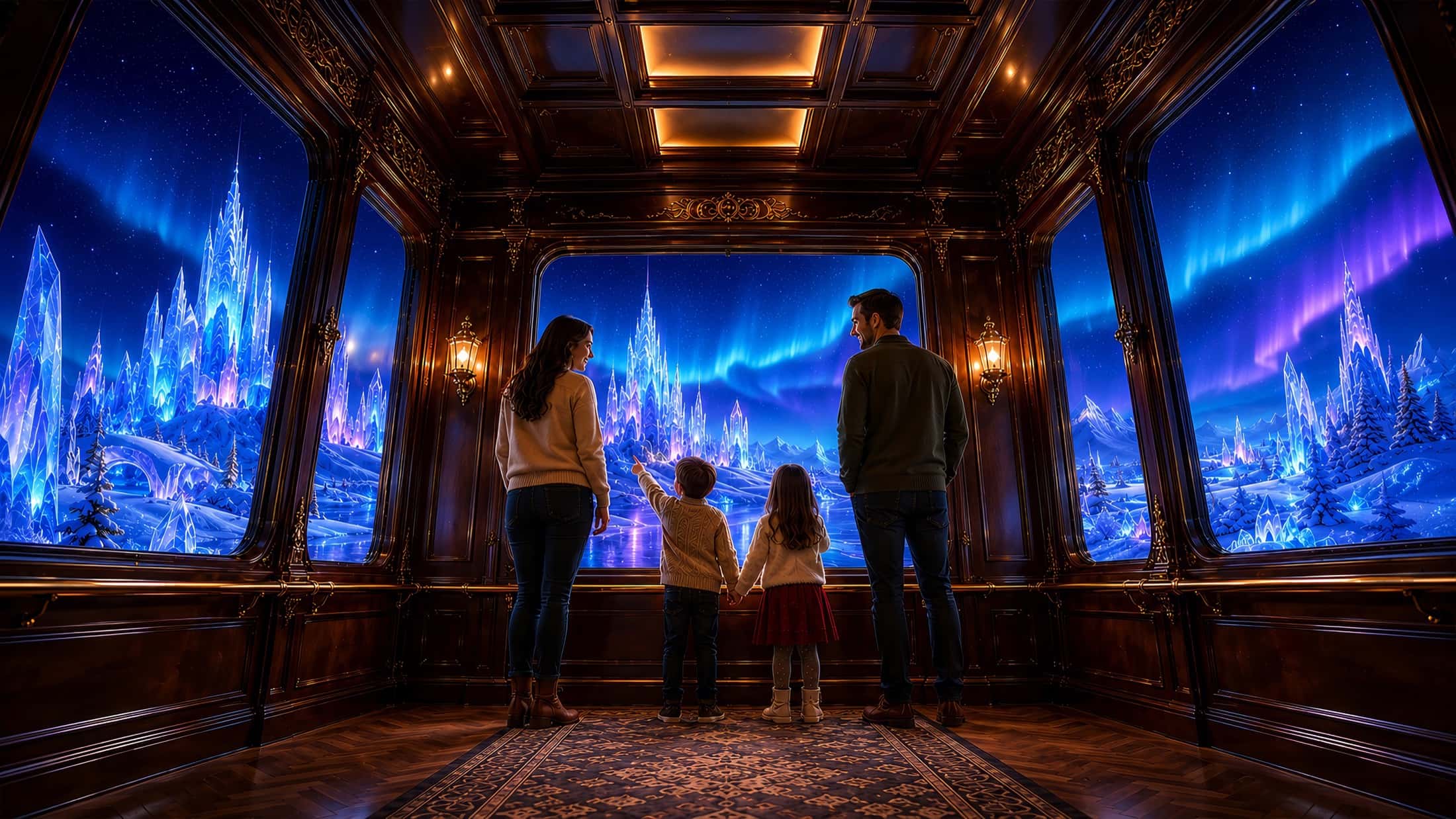 A family inside an Immersive Elevator cabin, facing a crystal kingdom lit by an aurora.