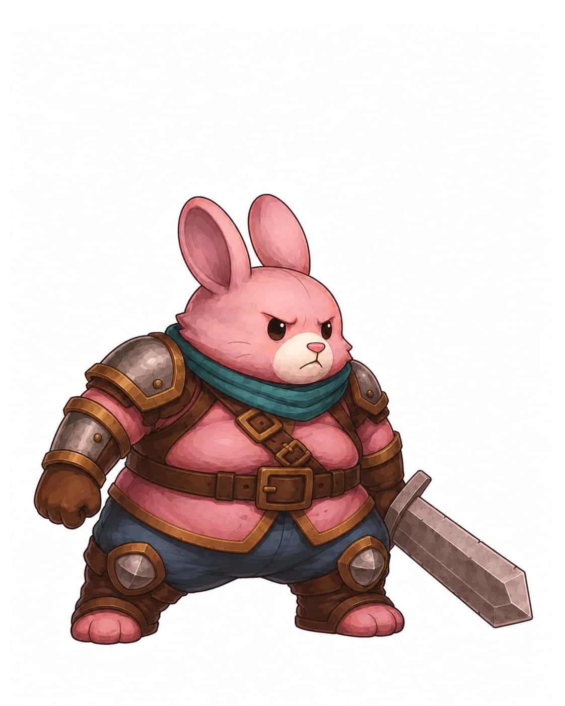 The father, broad heavy build with a thick torso and short limbs, in the same gear.