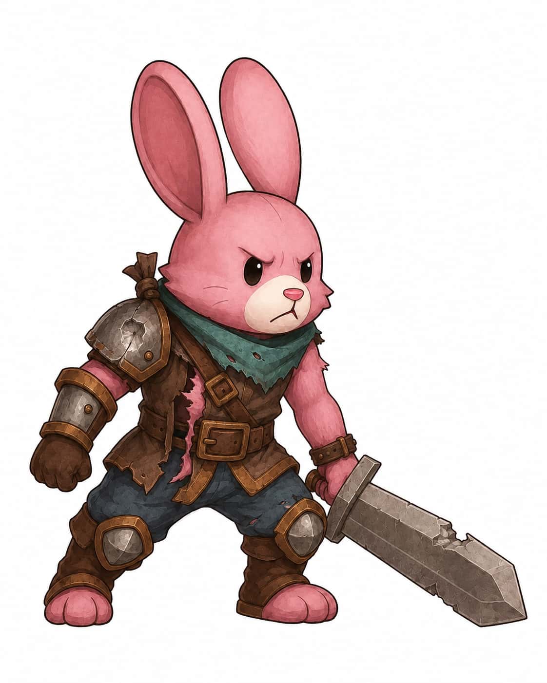 The father: shoulder strap snapped and re-tied in a knot, left bracer gone, dented pauldron.