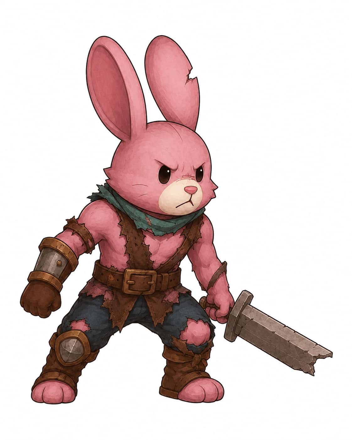 The father: metal pauldron ripped away, split chestpiece gaping open, scarf down to a band, knee guard missing.