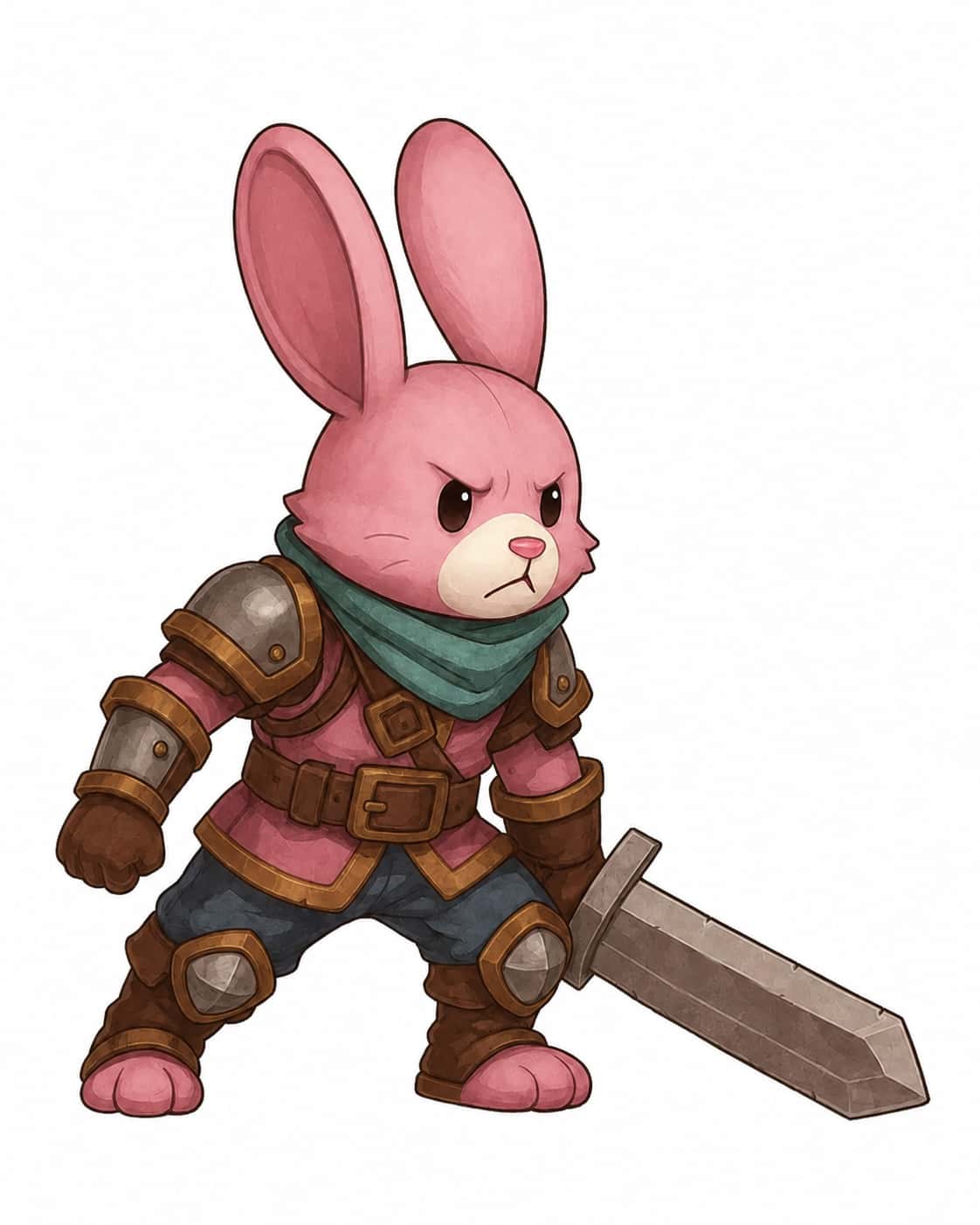 The father in light brown leather, teal scarf, a single bracer and a chipped stone sword.