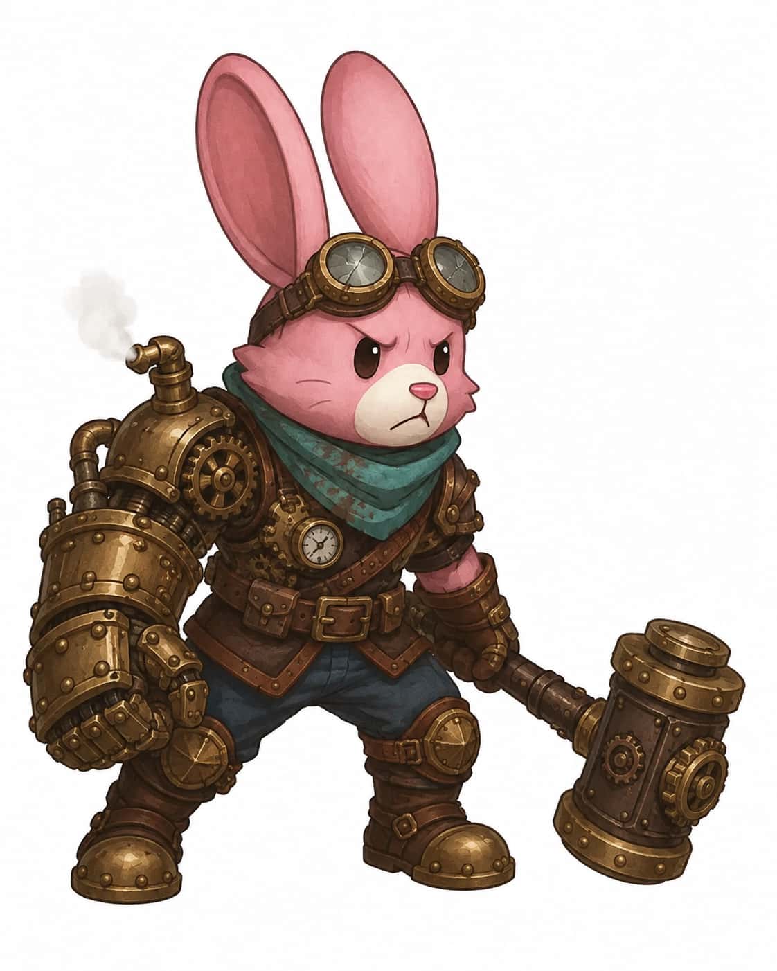 The father in a brass and leather harness, oversized mechanical gauntlet, goggles pushed up, steam hammer.