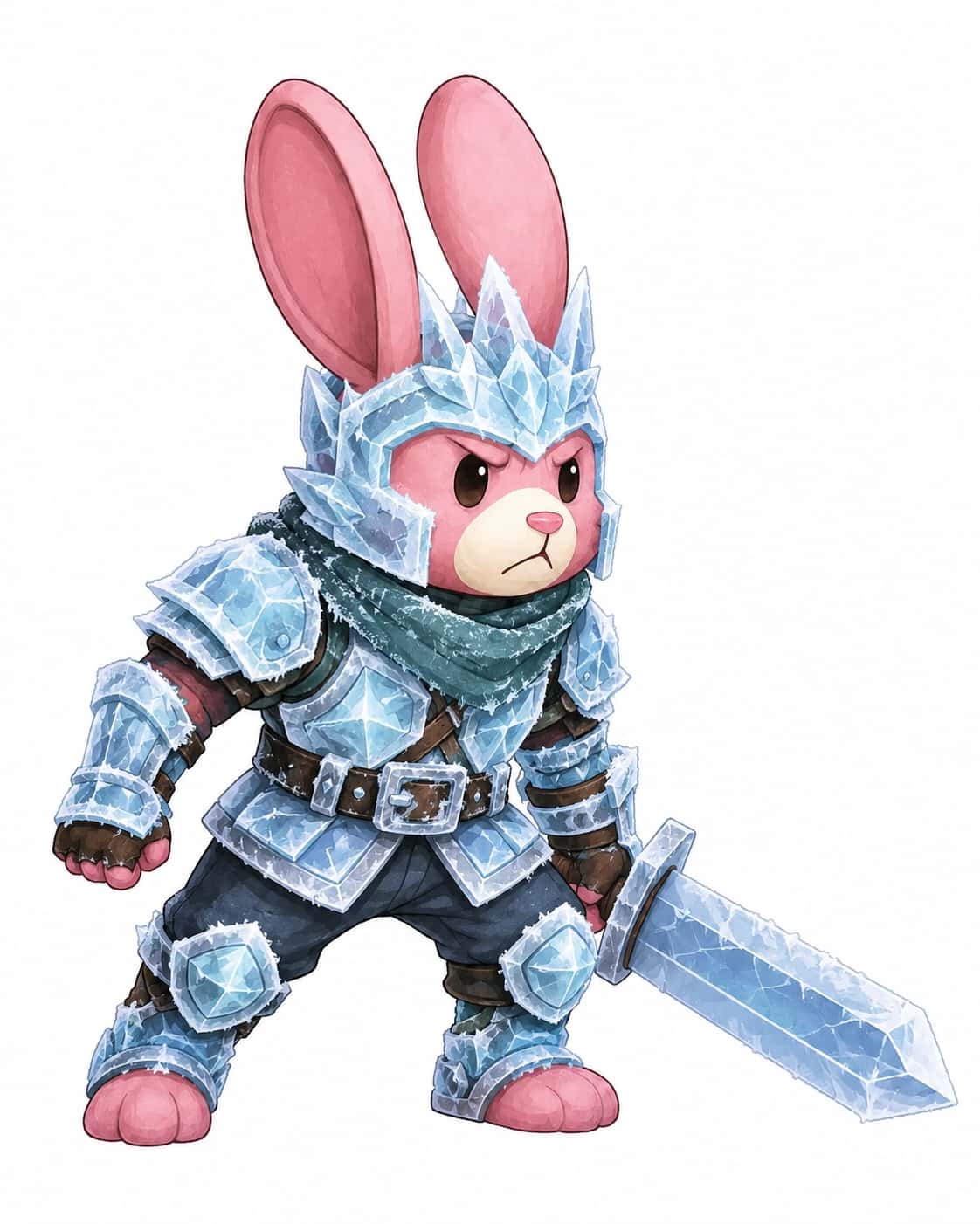 The father in pale blue ice plate, frost helm with crystal spikes and his ears through it, frozen scarf, translucent ice blade.