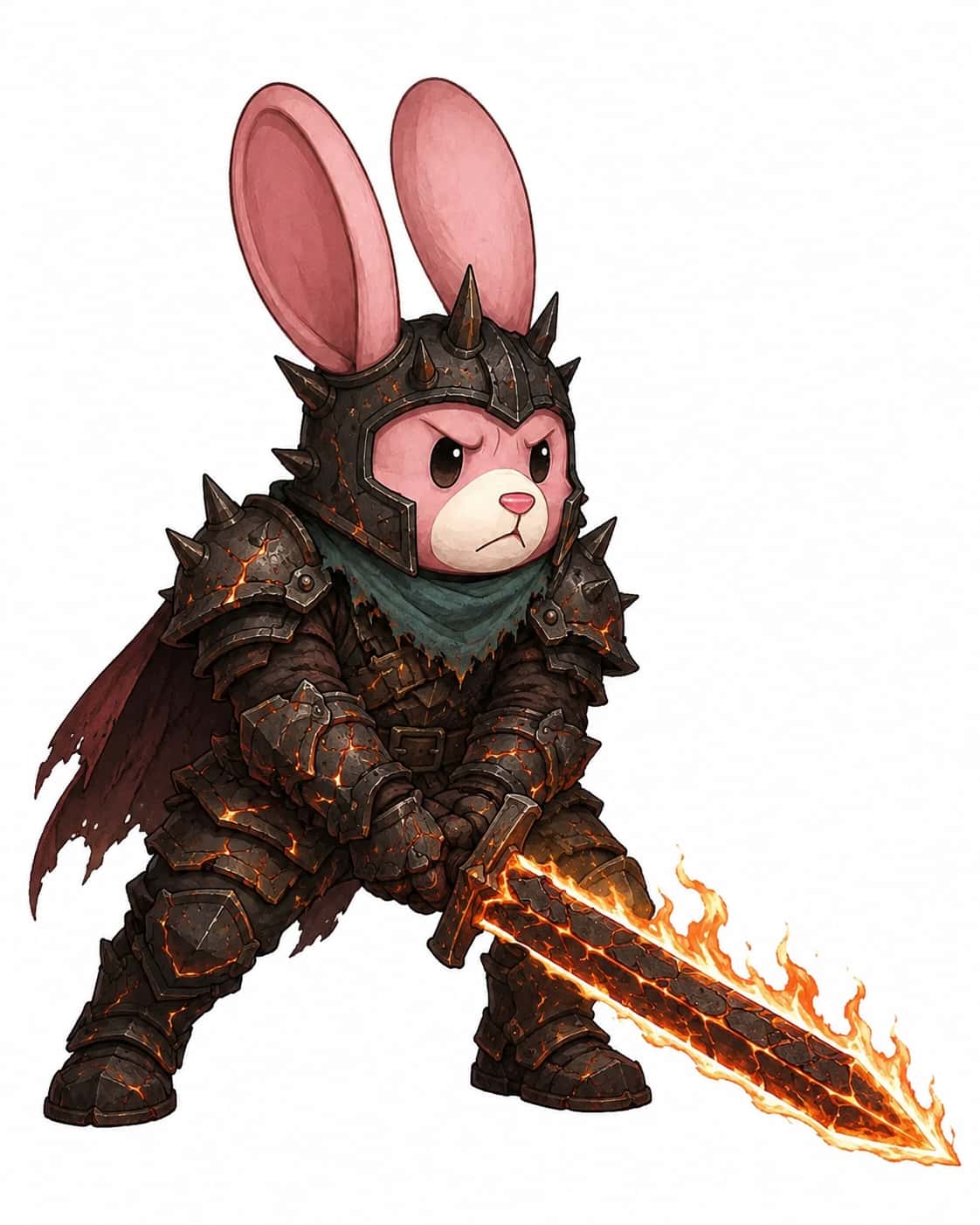 The father in blackened plate veined with embers, spiked helm with his ears through it, scorched cape, burning sword.