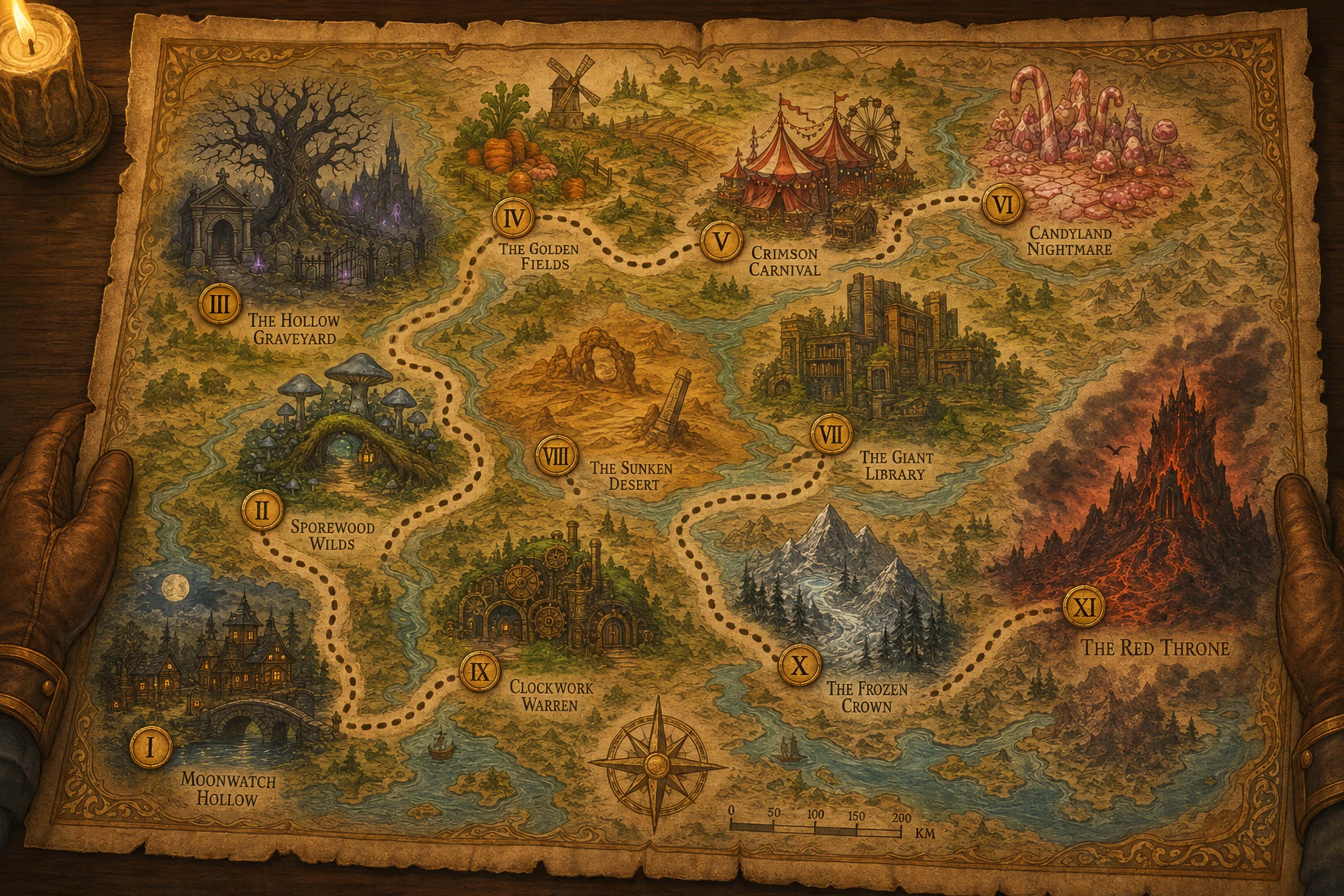 Parchment map of the eleven worlds of Cannibal Bunnies, held by two gloved hands in candlelight.