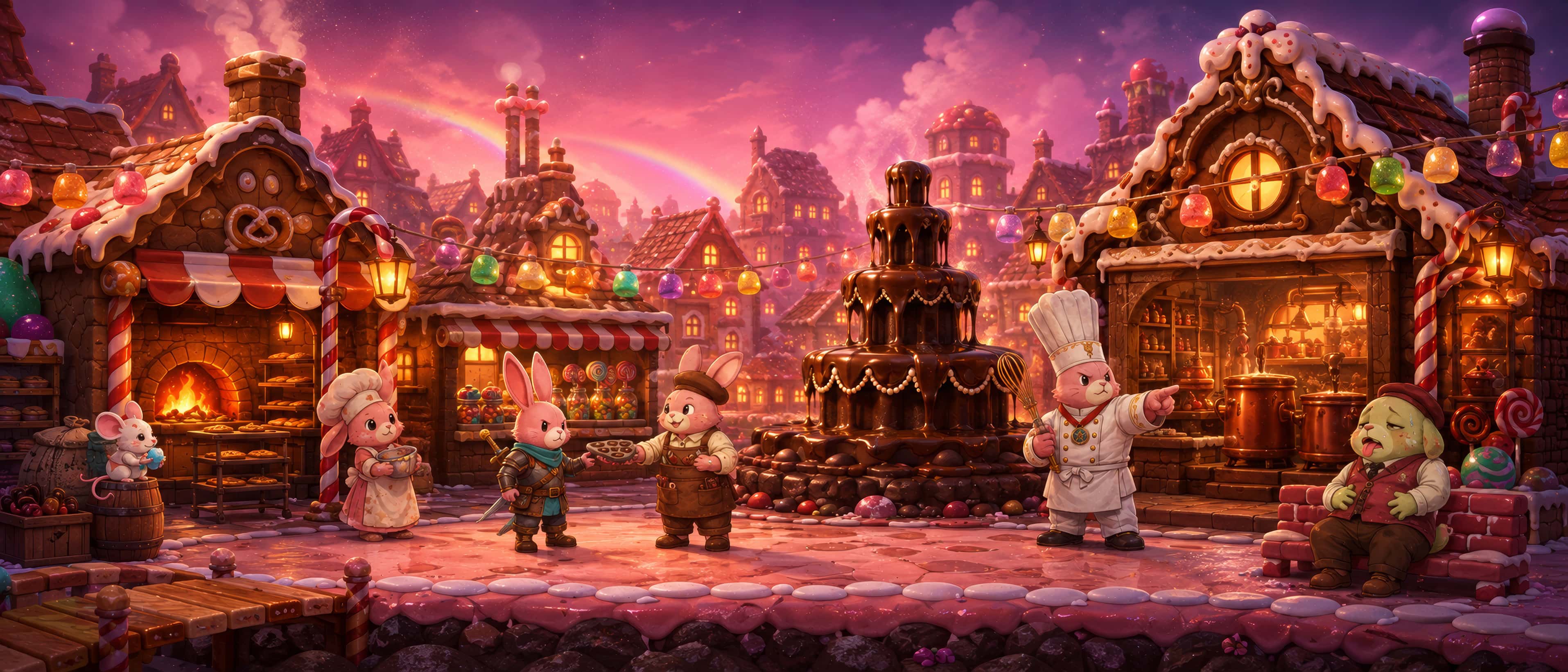 A gingerbread village under a pink sky, chocolate fountain at the centre, strings of glowing candy lights. The father talks to a merchant.