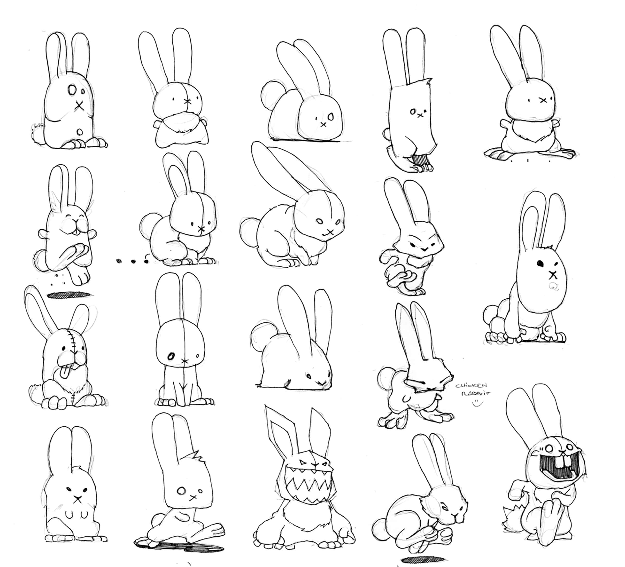 Character sheet: twenty rabbit poses and variations in pencil, one annotated “chicken rabbit”.