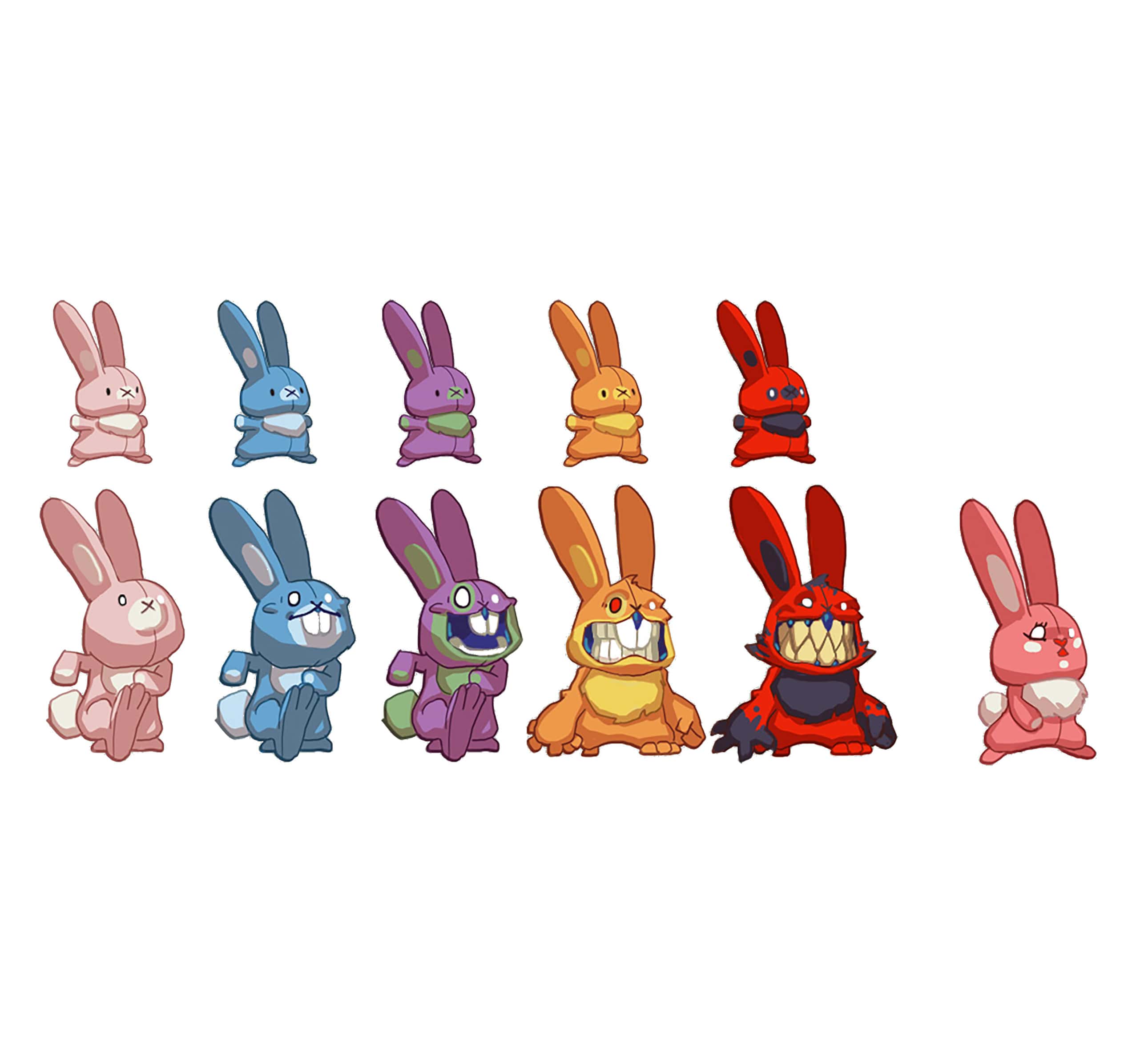 Colour sheet: eleven rabbits in two rows, from harmless pink to red and fanged.