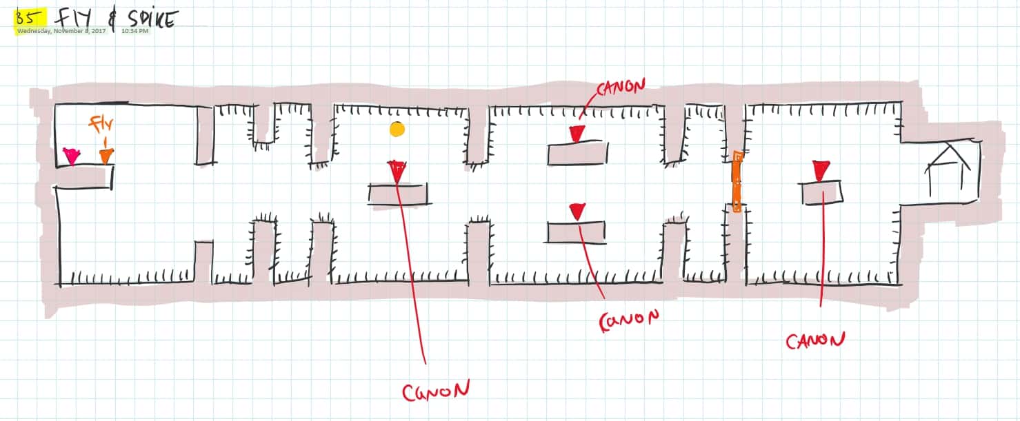 Annotated level plan “35 Fly & Spike”: sectional room, cannons marked one by one.
