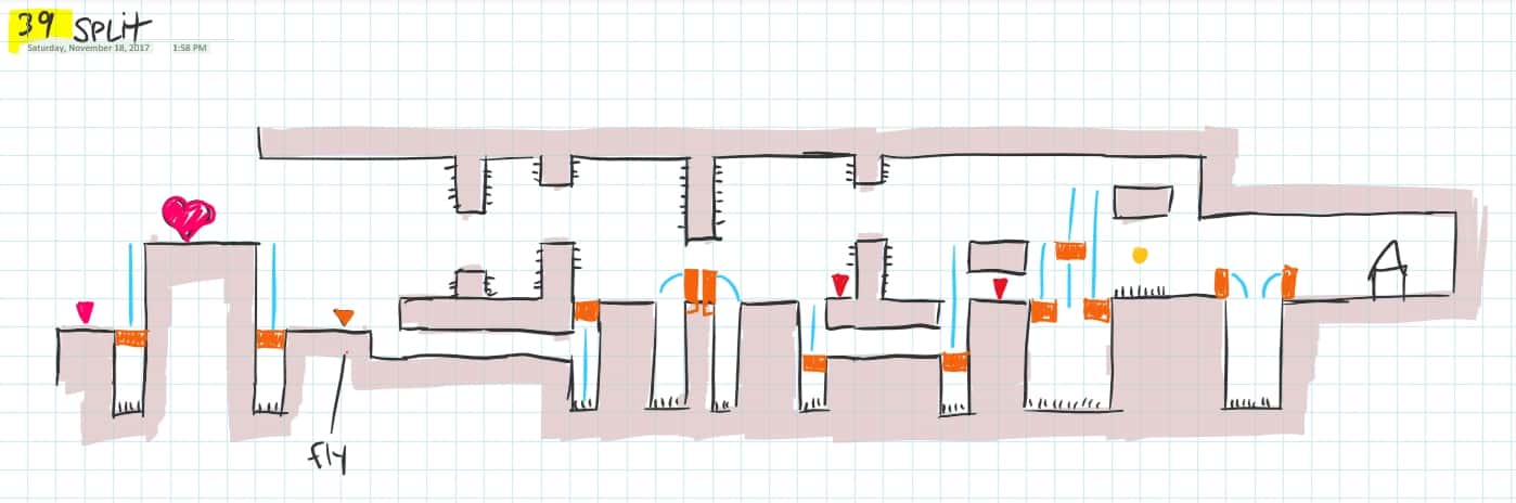 Annotated level plan “39 split”: the route divides into two branches.