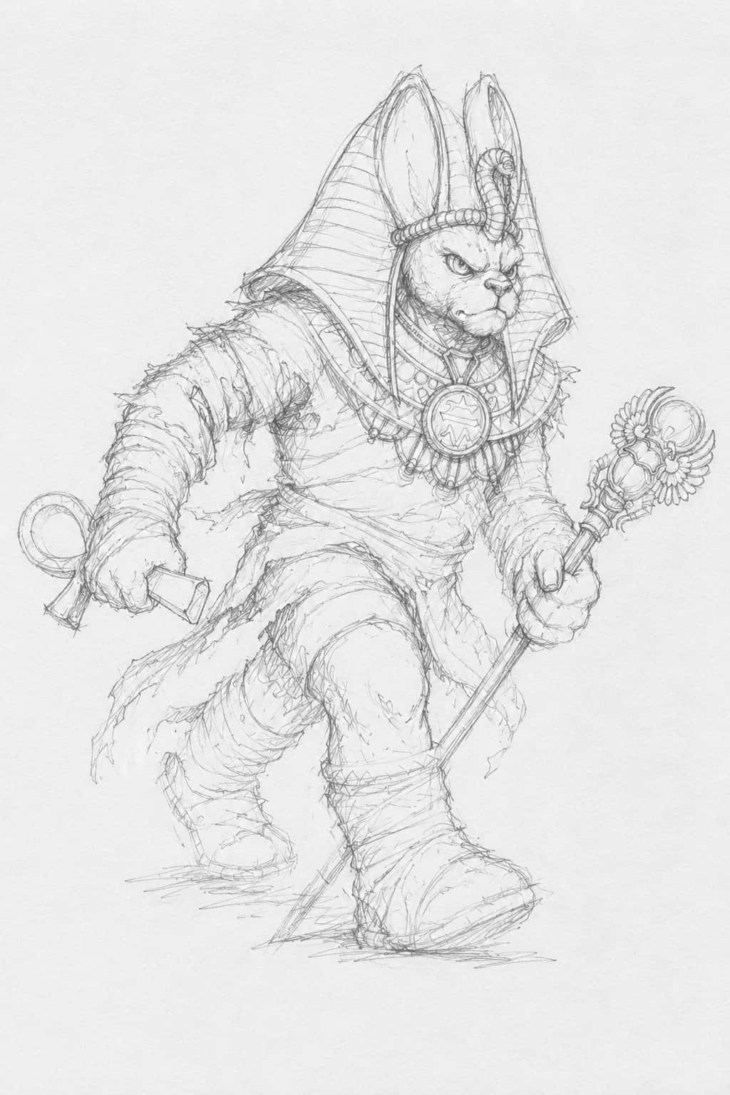 Bandaged boss in a pharaoh headdress, ankh in one hand, sceptre in the other.
