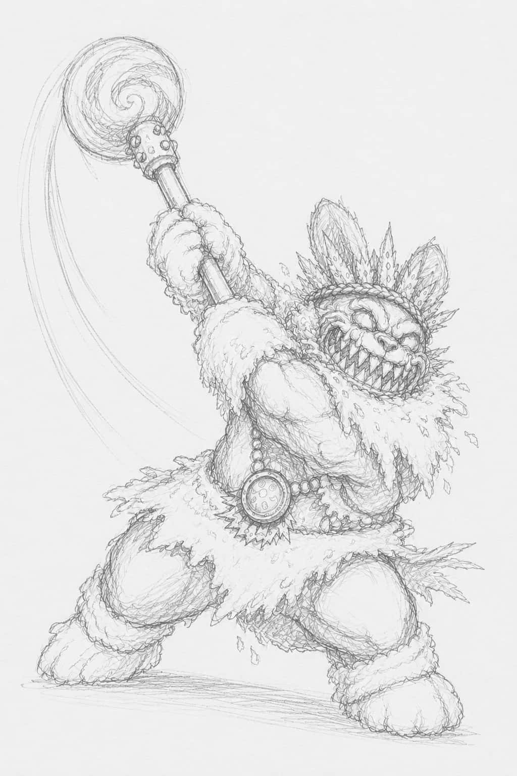 Frost-covered boss mid-swing, the mace head shattering ice into shards.