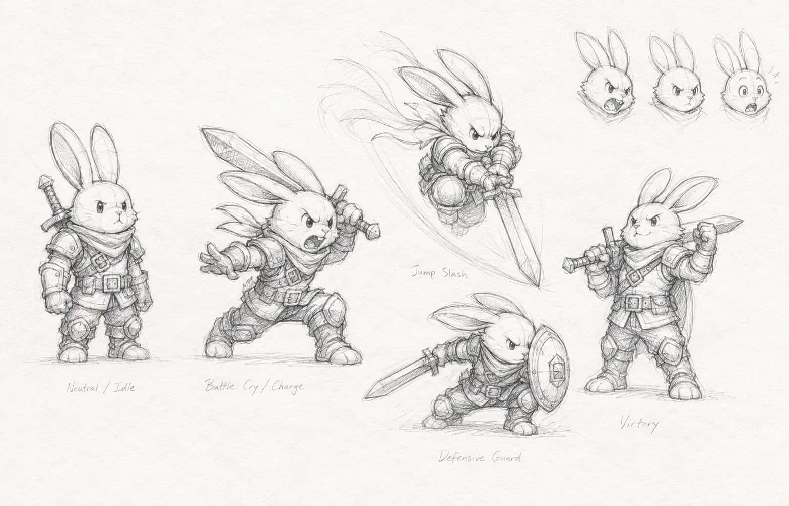Pencil pose sheet: neutral, battle cry, jump slash, defensive guard, victory, and three expressions.