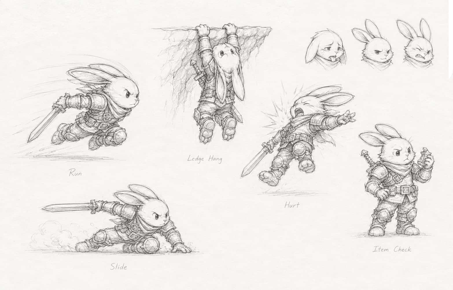 Pencil movement sheet: run, ledge hang, slide, hurt reaction, item check.