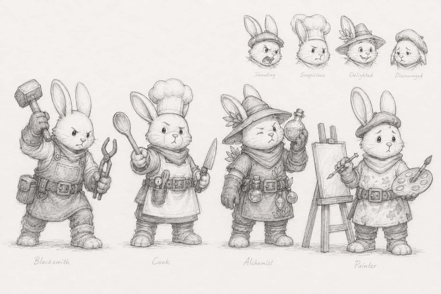 Four rabbit tradespeople in a lineup — blacksmith with hammer, cook with ladle, alchemist with vial, painter at an easel — with four expression studies.