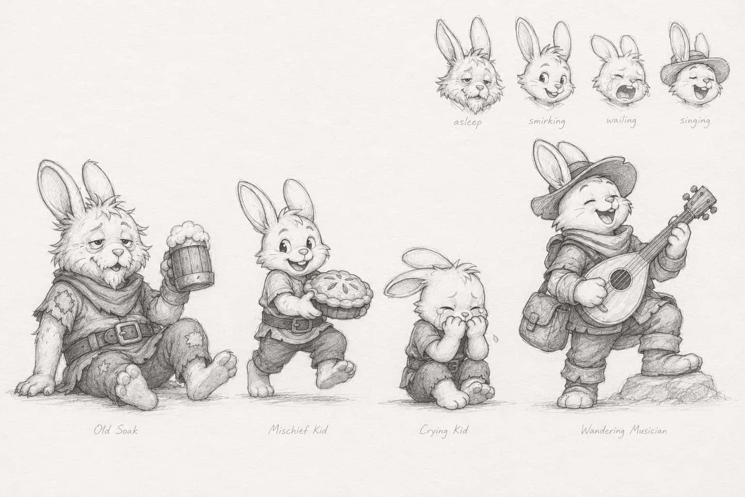 Four secondary characters — an old rabbit with a tankard, a masked child carrying a pie, a crying child, a wandering musician with a lute.