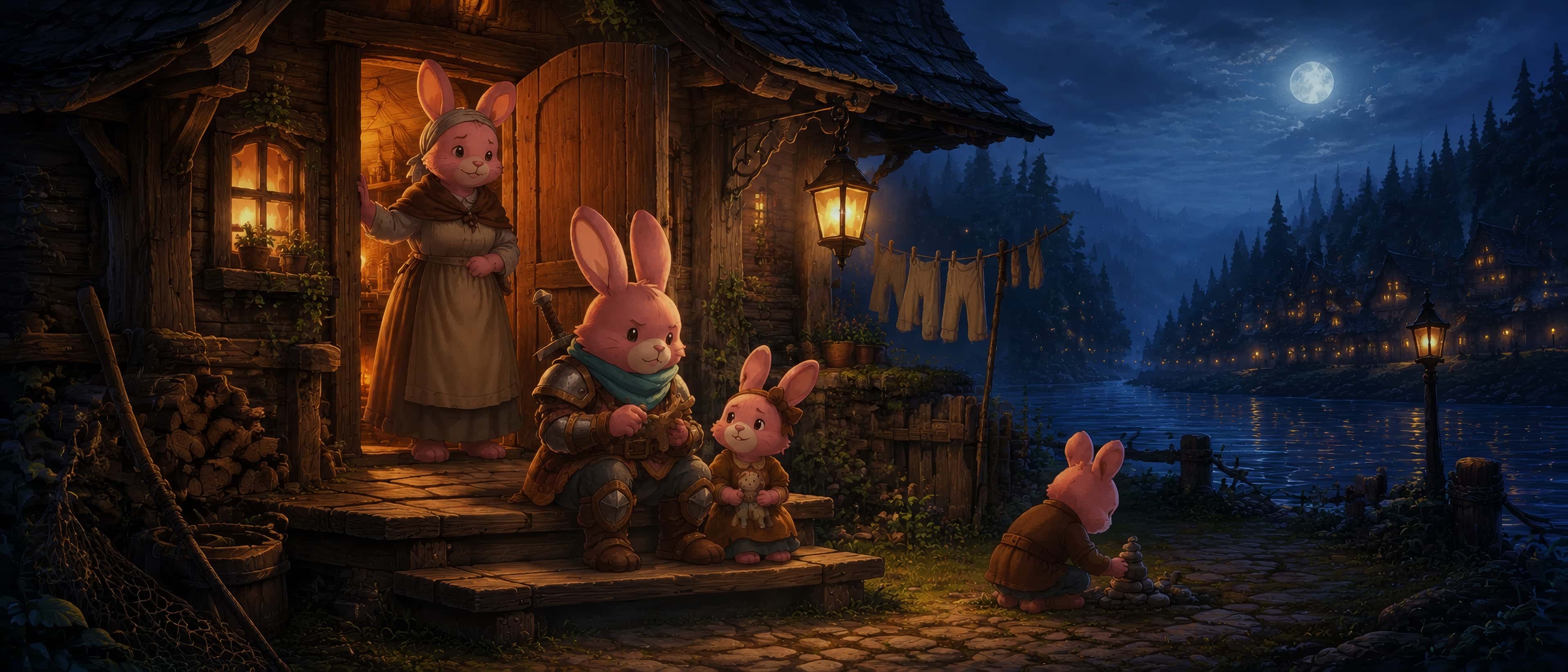 Opening frame of the trailer: the rabbit family on the porch of a lantern-lit house by the river under a full moon. The father sits with his daughter, who is holding her doll.
