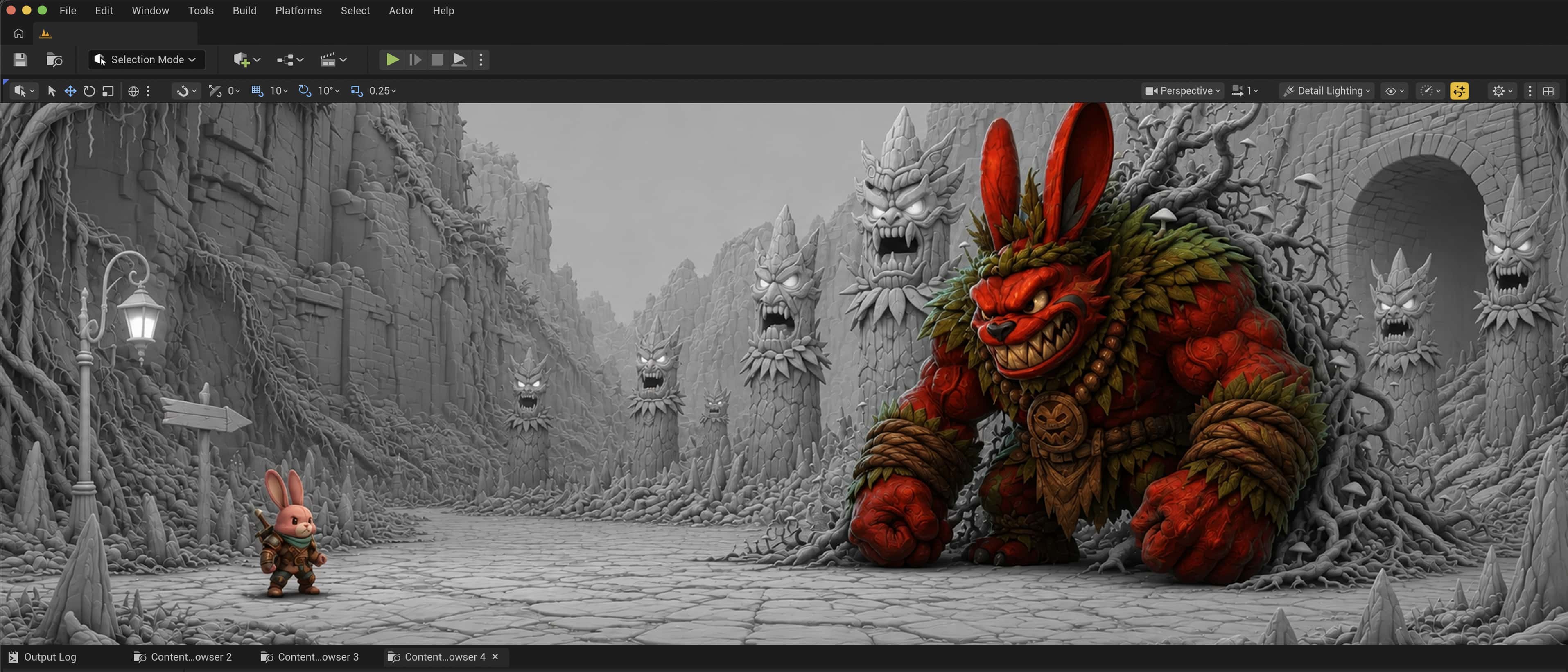 Unreal editor: the father, tiny on the left, facing the red world II boss down a corridor of carved totems. Environment shown without colour, characters in colour.