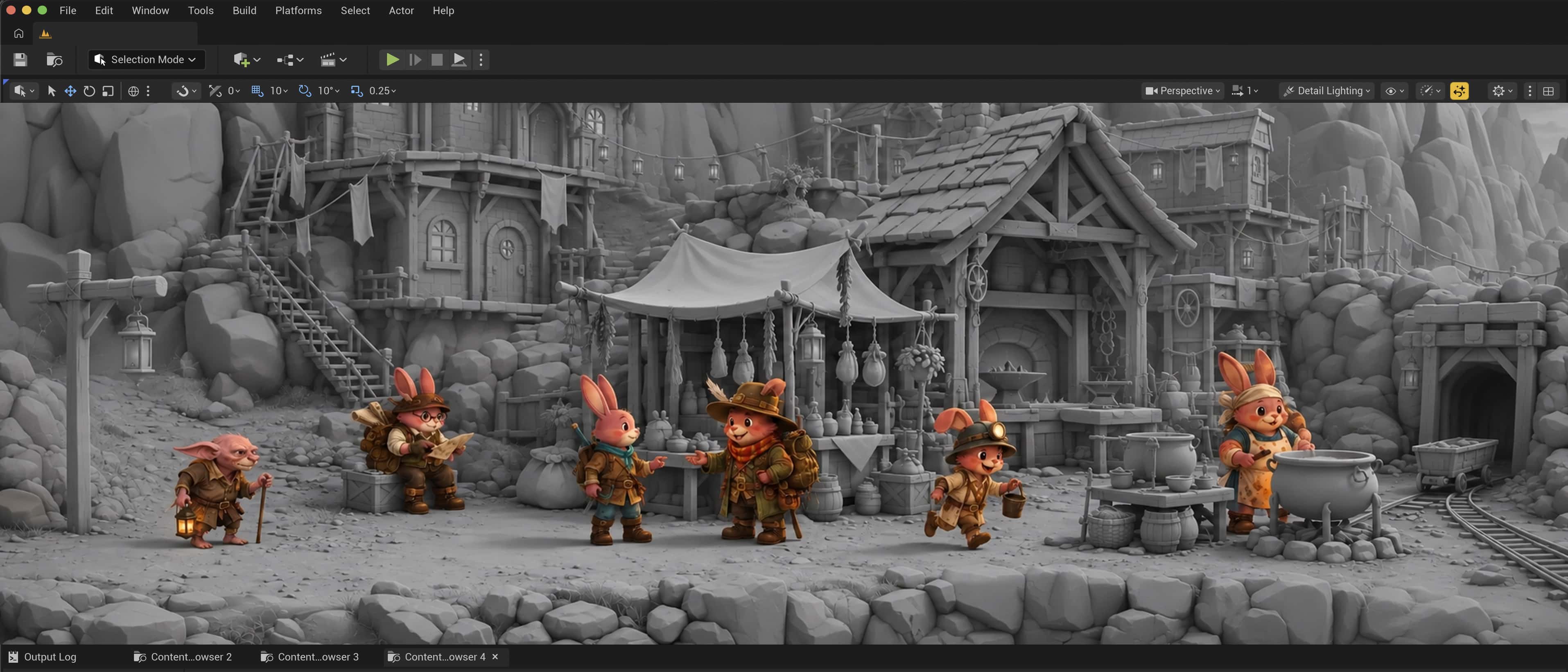 Unreal editor: village square with an awning, a forge, a mine cart and six rabbit characters at their posts. Environment shown without colour.