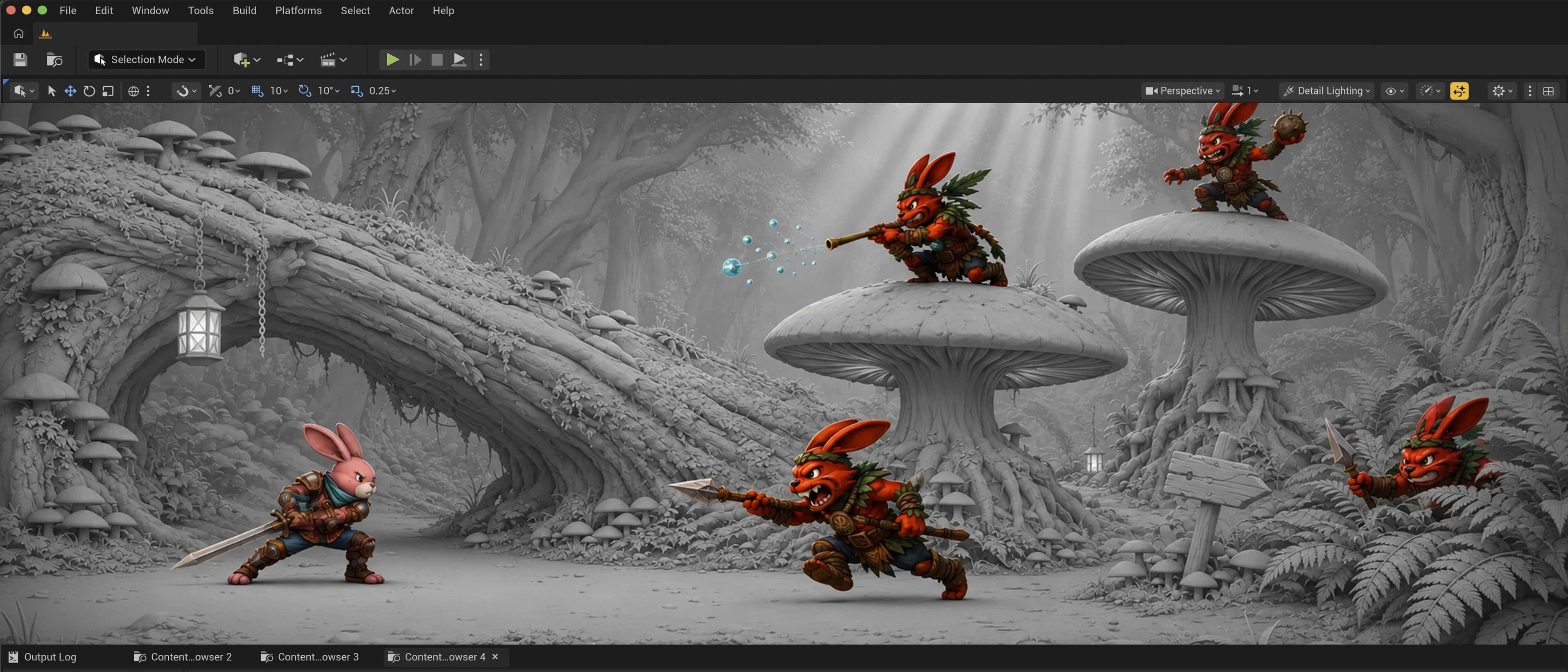 Unreal editor: the father on the left facing four red enemies staged across three levels in a giant mushroom forest.