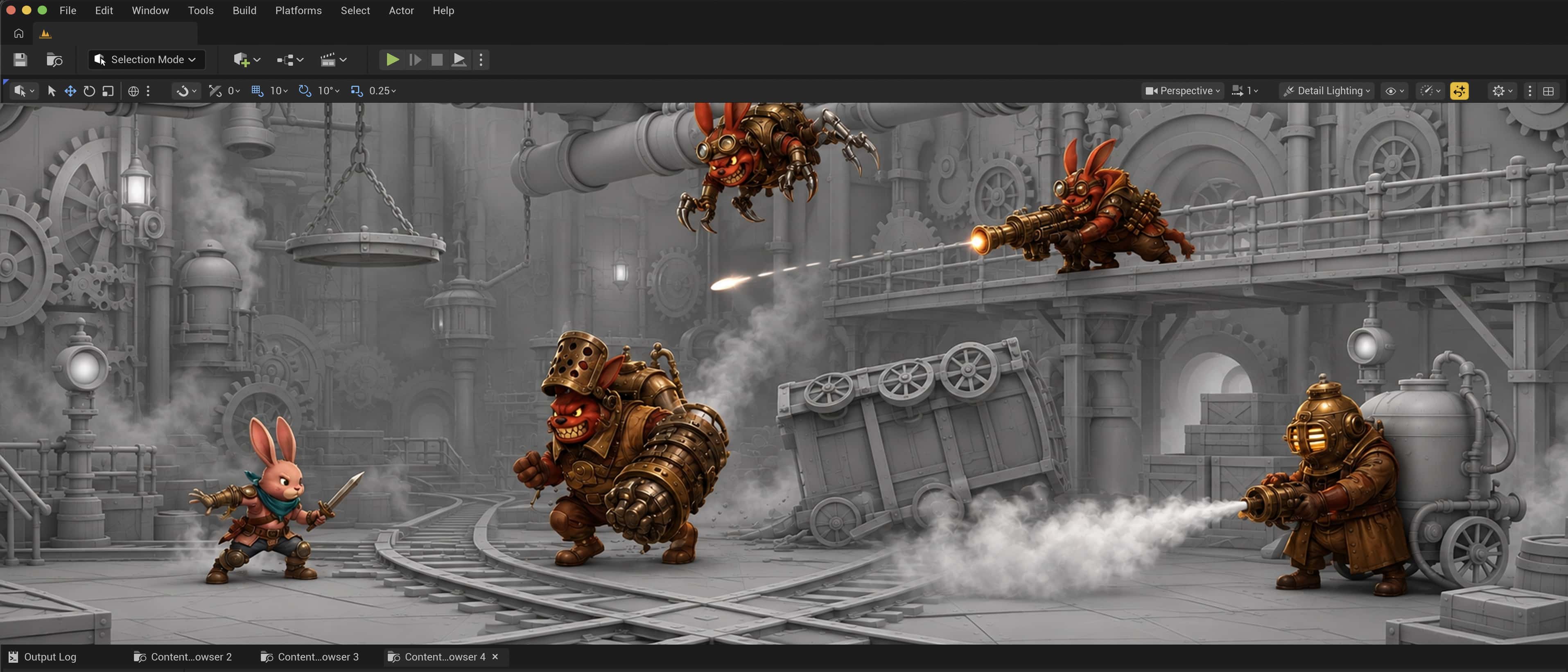 Unreal editor: a fight in a machine hall, steam-powered enemies on rails, a gunner on a gantry and a mechanical creature hanging overhead.